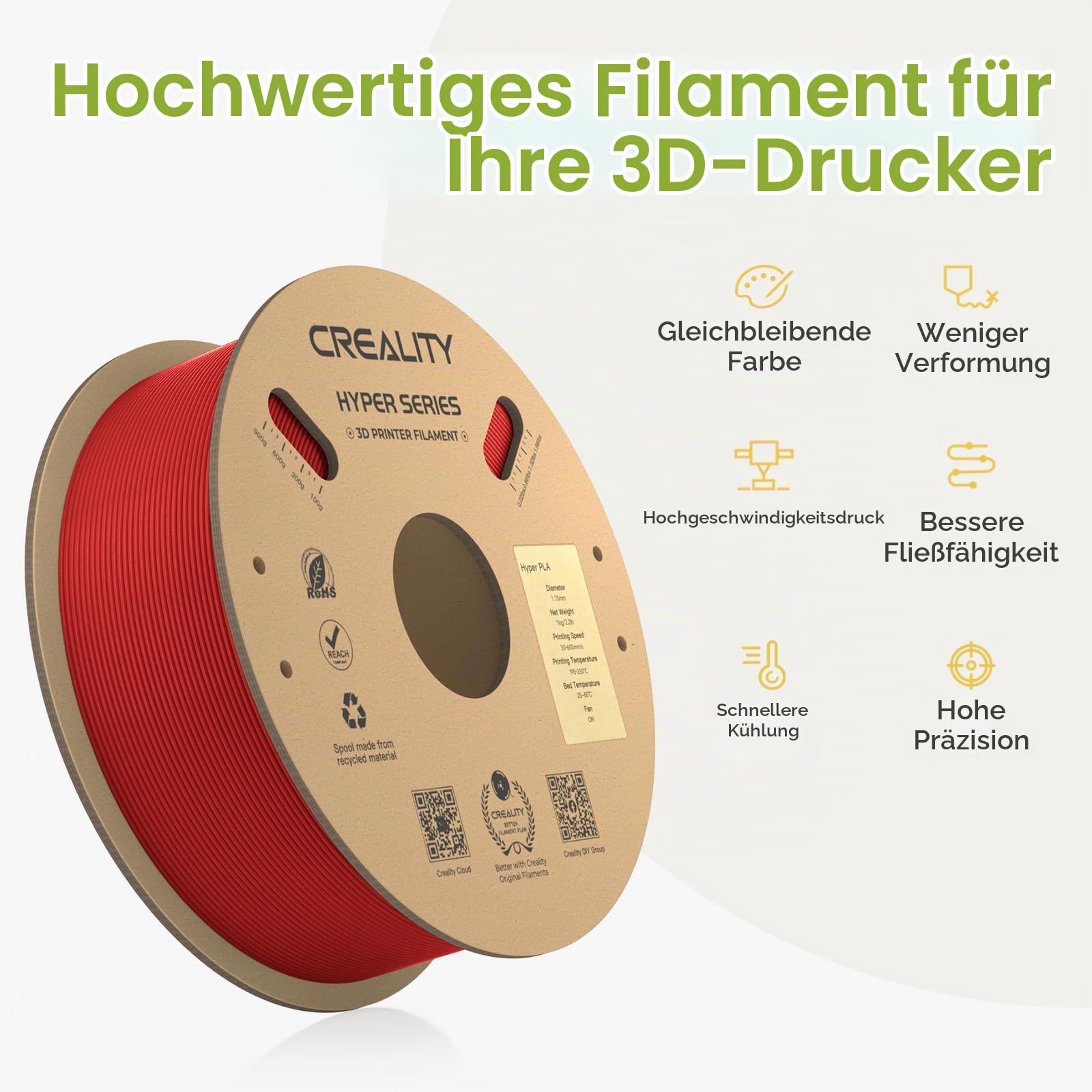 Creality Official Hyper PLA Filament Schwarz+Weiß+Blau+Rot 4KG, 3D Drucker Filament für Hochgeschwindigkeitsdruck und widerstandsfähig, glatt, Überhang Leistung Maßgenauigkeit +/-0.03mm, 4 Rollen
