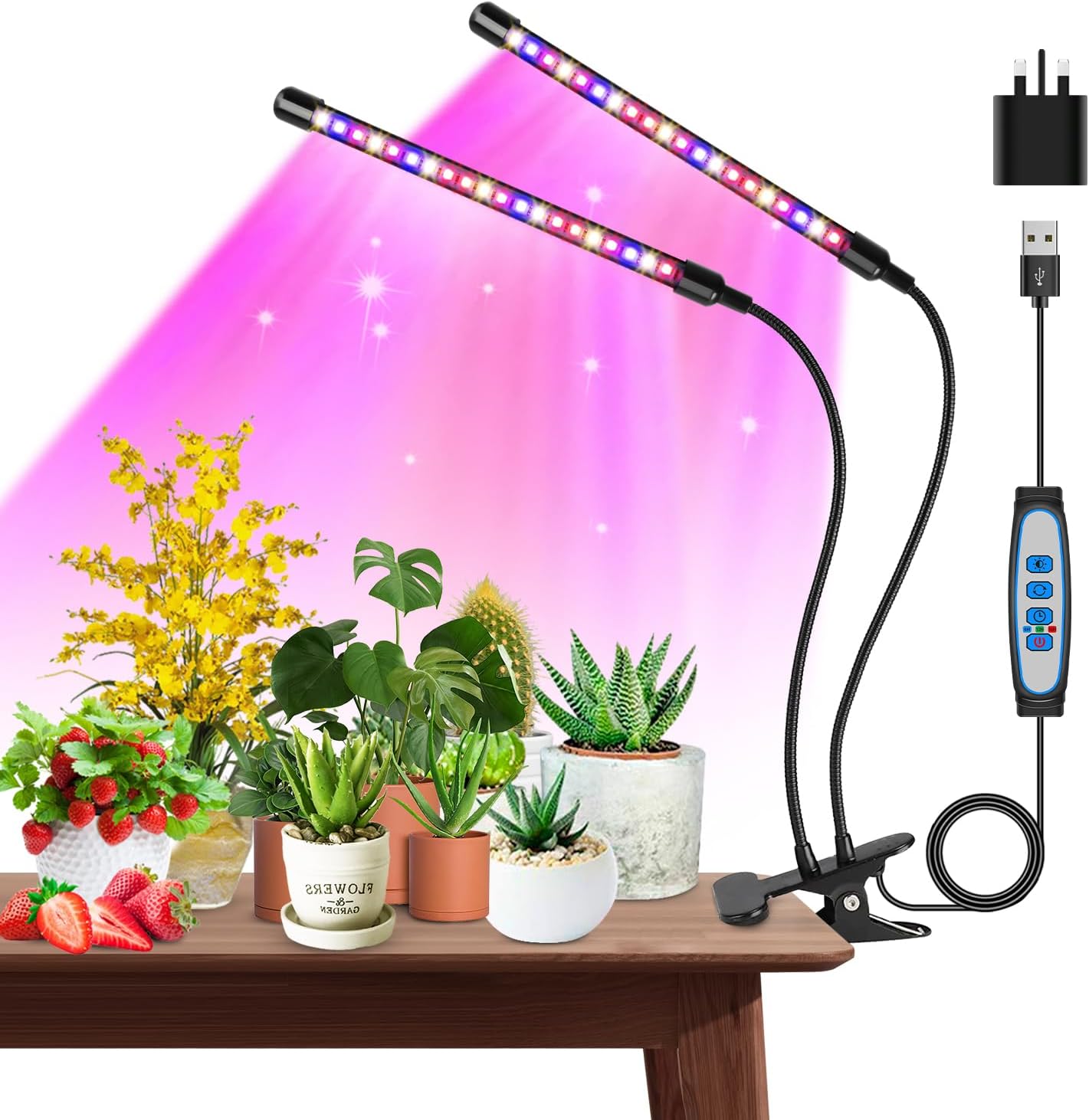 Garpsen Grow Lights for Indoor Plants, 40 LEDs Full Spectrum Led Grow Light, 2 Heads Clip Plant Light for Seedings, with Auto ON/Off 6/12/16H Timer, 5 Dimmable Levels (460nm/660nm/3000K)