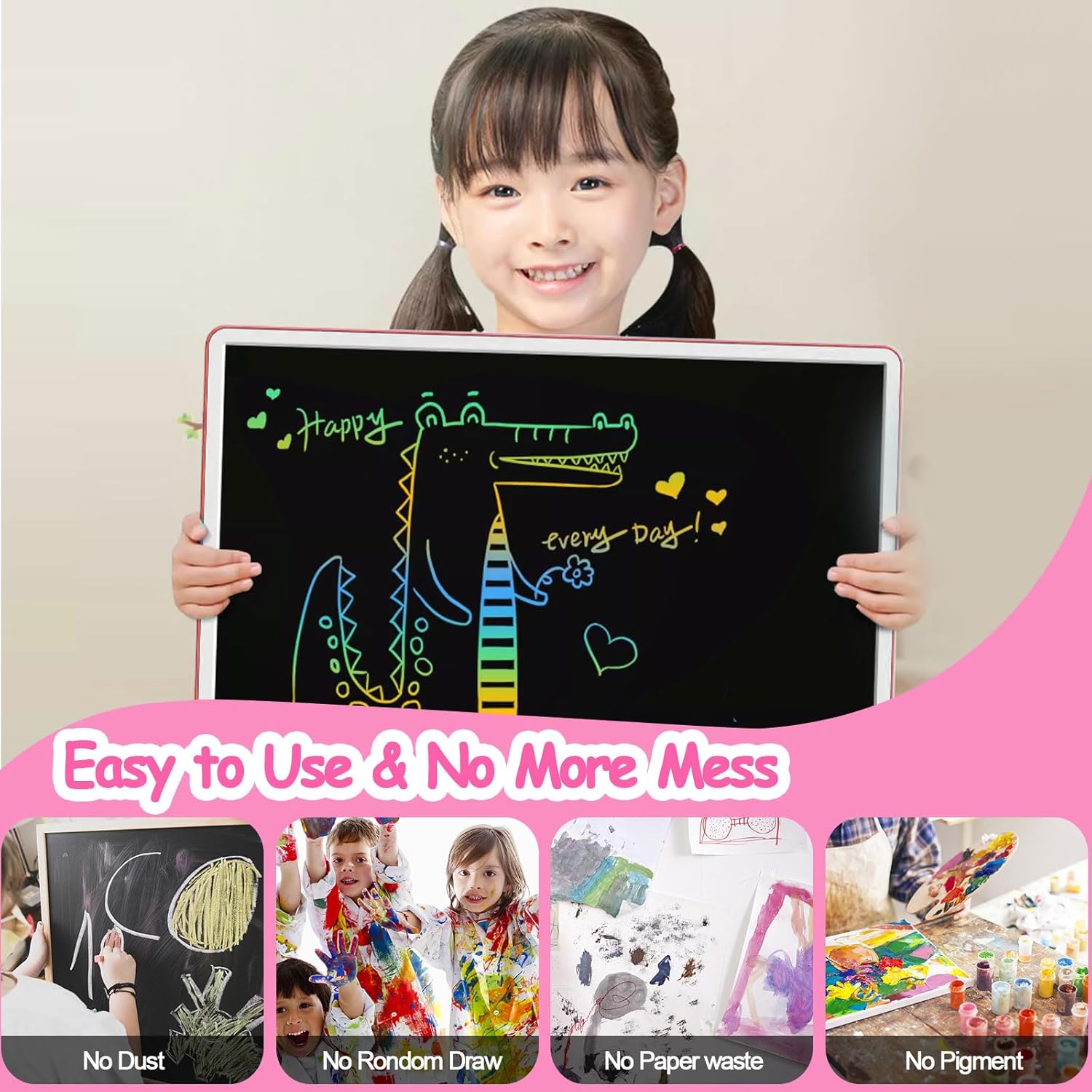 LCD Writing Tablet for Kids, ienRon 15 inch Quality Erasable Drawing Toddler Doodle Board for Kids, Preschool Toys for Baby Girls Boys, Rechargeable Toddler Drawing Board for Ages 3  Years Old, Pink