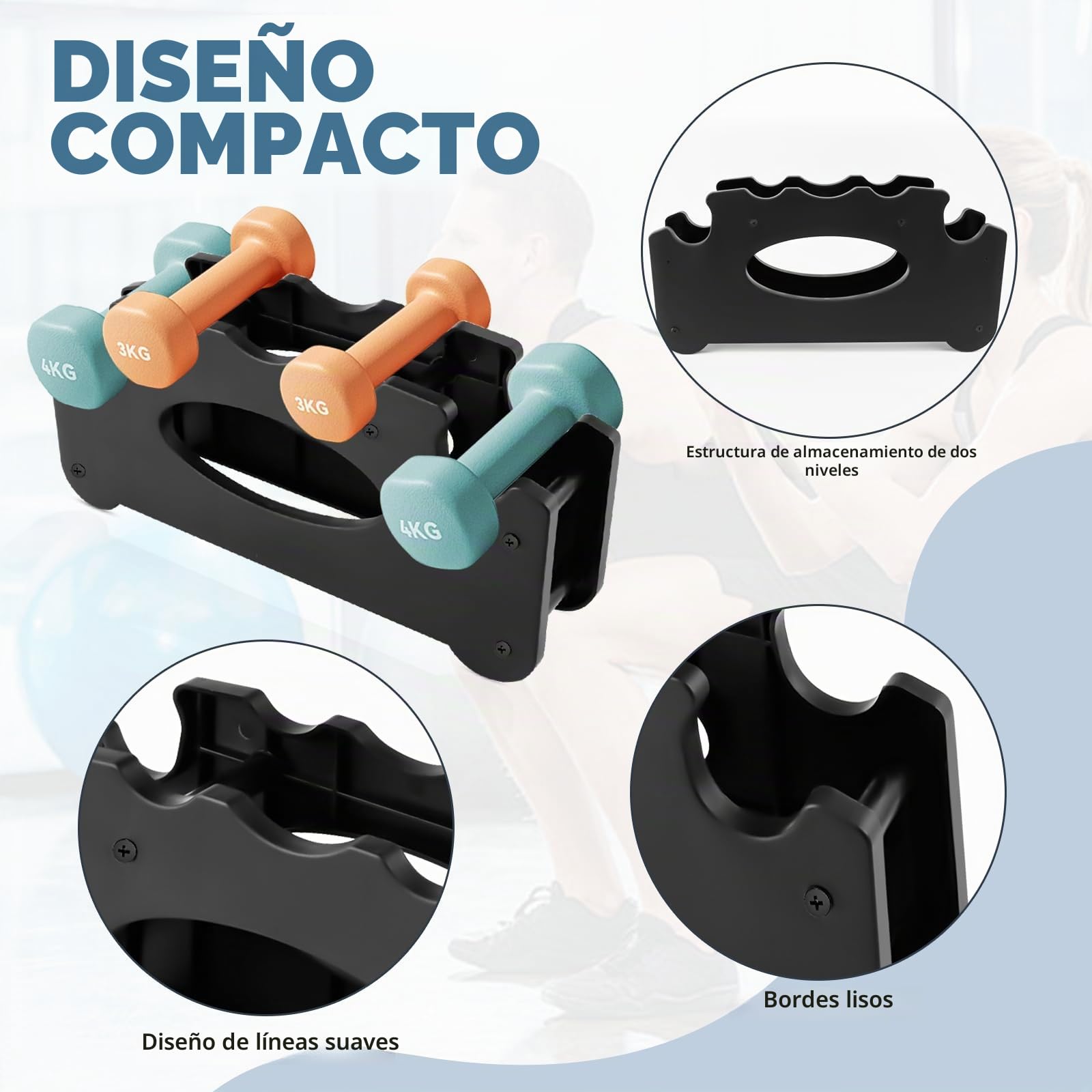 Soporte Mancuernas, Mancuernero, Compacto Soporte para Pesas, Soporte Pesas con Capacidad para 4 Mancuernas Pequeñas, Ideal para Gimnasios Domésticos, Doble Capa, Negro