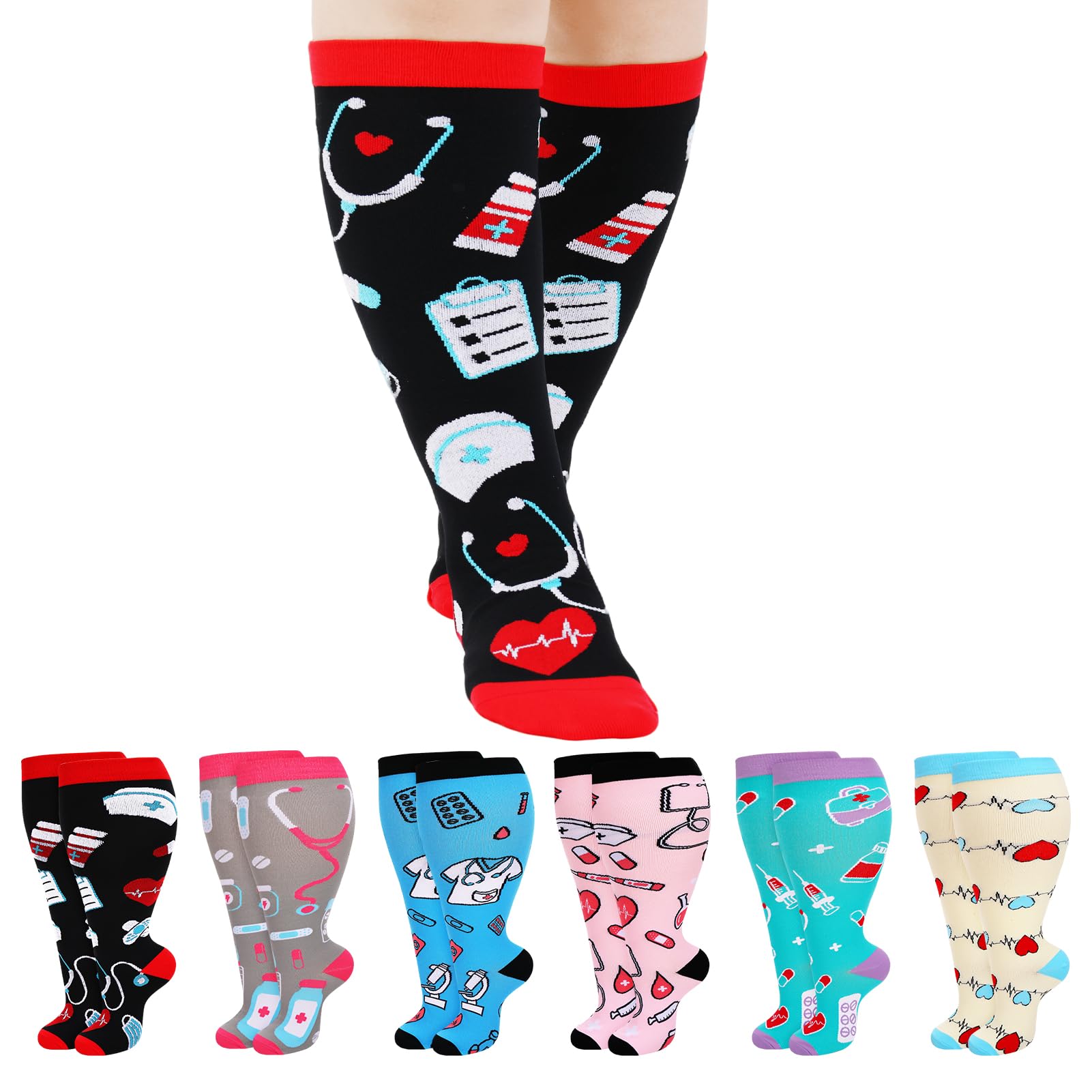 Jspupifip 6 Pairs Plus Size Compression Socks for Women, Wide Calf