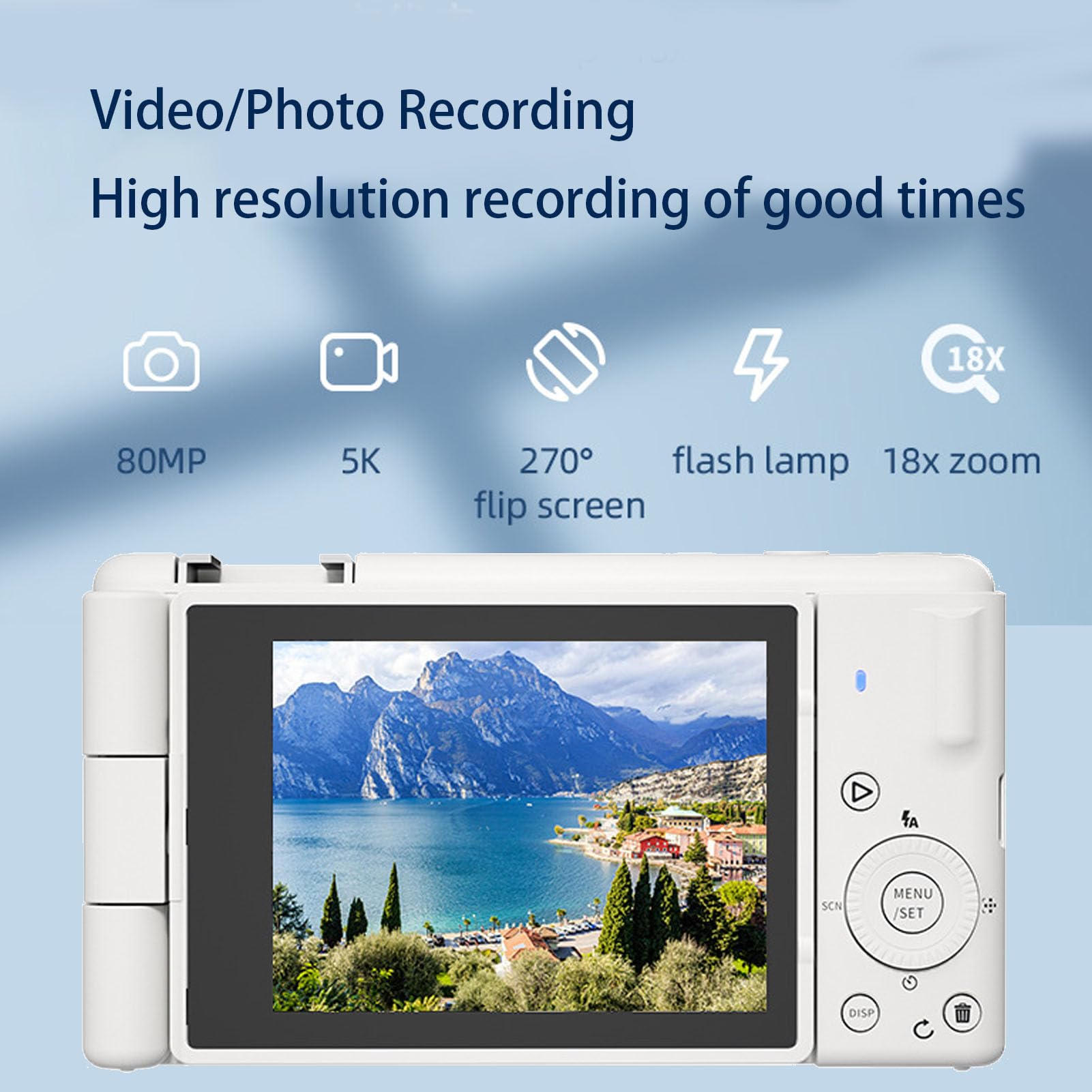 Bewinner Fotocamera Digitale 5K per la Fotografia, Fotocamera da 80MP con Schermo da 2,8 "270 °, Luce di Riempimento a LED, 18x Zoom HD Fotocamere da Viaggio Compatte per Principianti (WHITE)