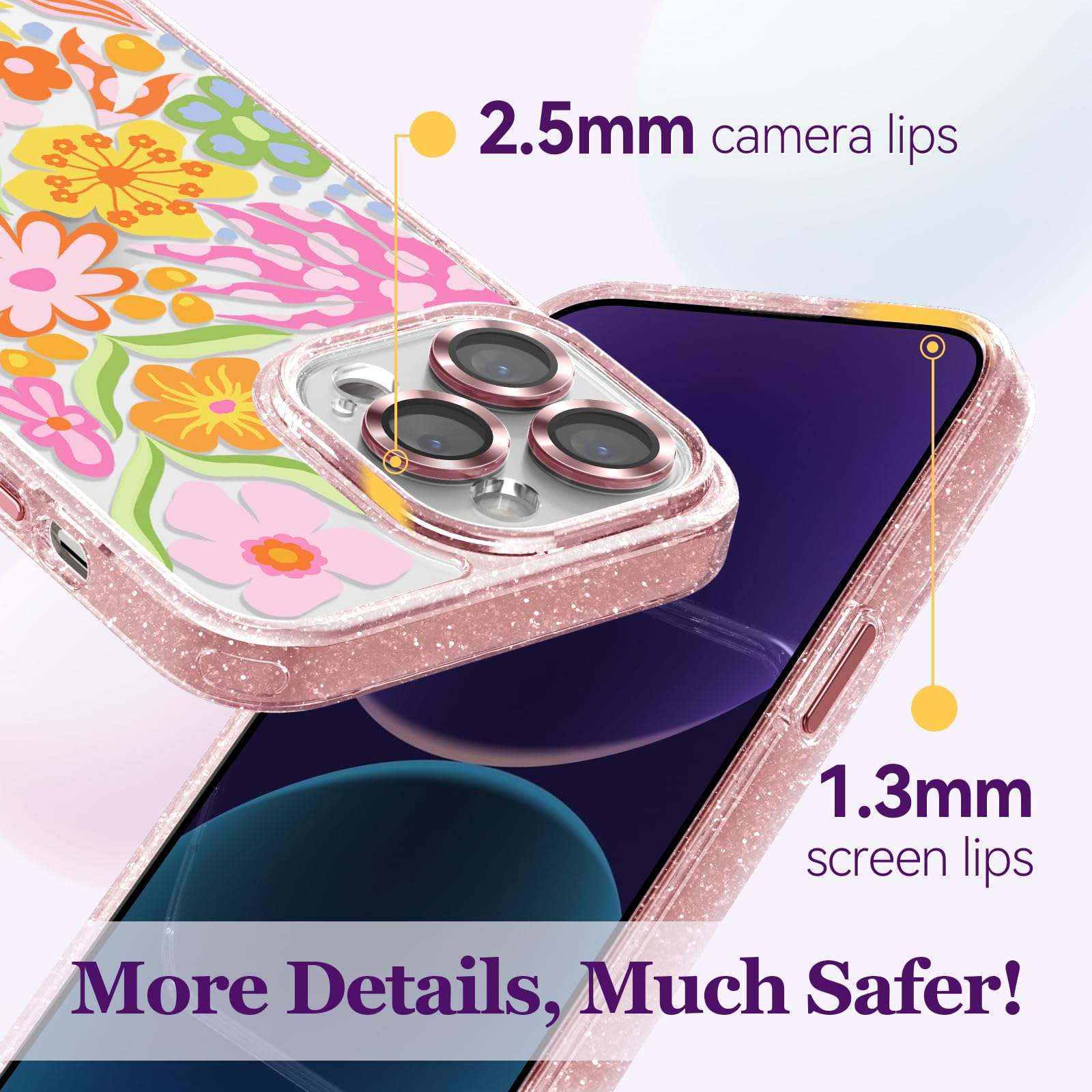 Funda compatible con iPhone 13 Pro Max, bonita estética, funda rosa con purpurina y protector de cámara, diseño femenino de flor de la pasión para mujer y niña de 6.7 pulgadas