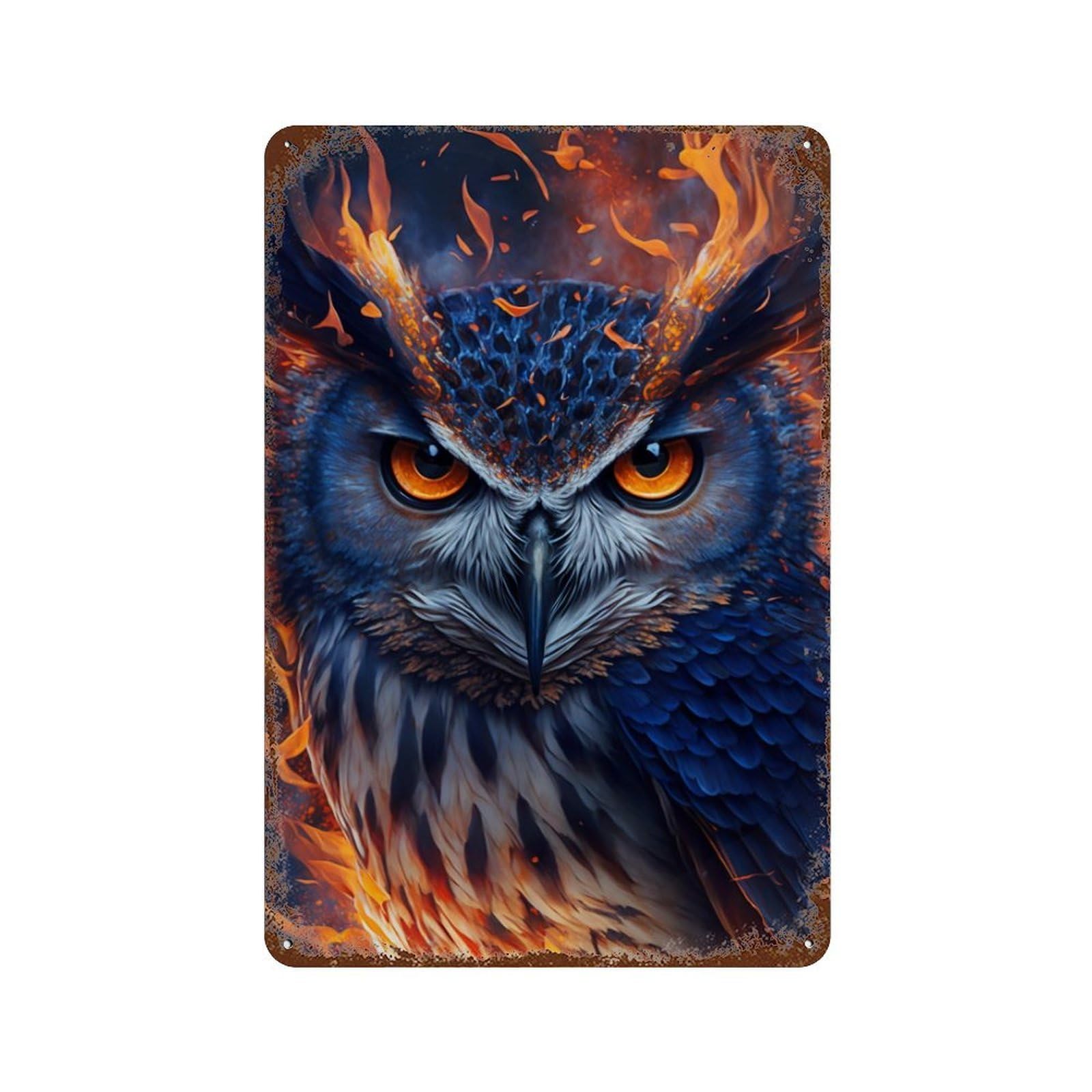 Rusty Metal Tin Sign with Flaming Owl Art Print Design 11.8"x7.9", for Farmhouse, Kitchen And Entryway Decor, Classic Wall Plaque