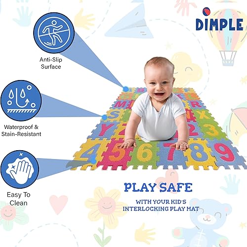 Miniatura 7 de DIMPLE Tapete de juego de espuma para niños (72 piezas en total) 6.25 x 6.25 pulgadas entrelazados del alfabeto y los números, rompecabezas de suelo