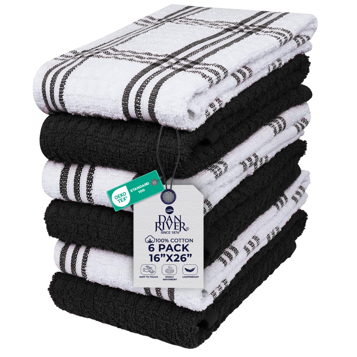 DAN RIVER Black Kitchen Towels, 6 Pack, 16x26 Inches Absorbent Dish Towels
