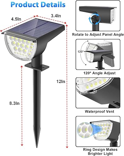 Miniatura 5 de Luces solares para exteriores, impermeables, IP68, 37 LED, 3 modos de iluminación, focos solares para exteriores, focos solares de paisaje, luces