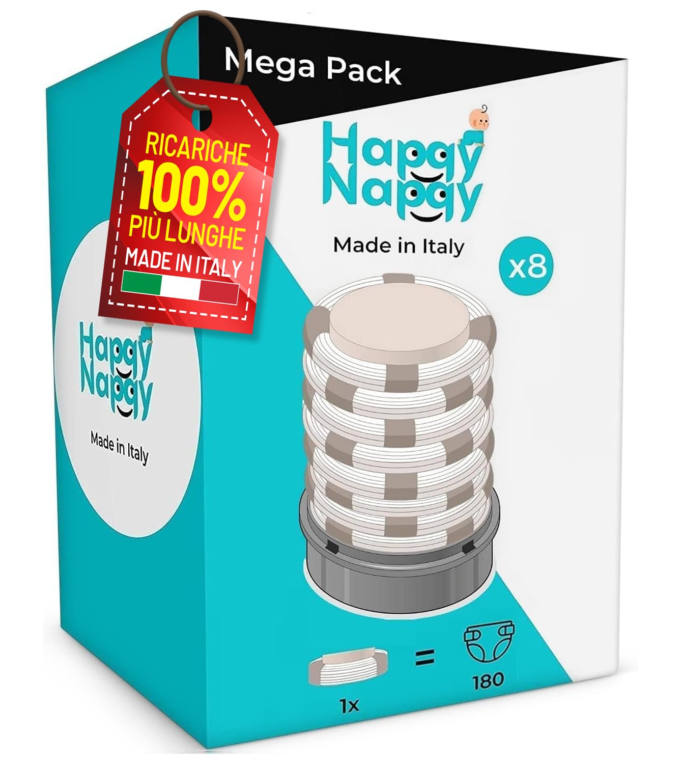 My Happy Nappy Ricariche -【Compatibili con Tommee Tippee Sangenic Tec, Simplee Sangenic e Twist & Click】- Super Ricariche X8 - Trattamento Anti-Odore EVOH Efficace a 7 Strati - Made in Italy