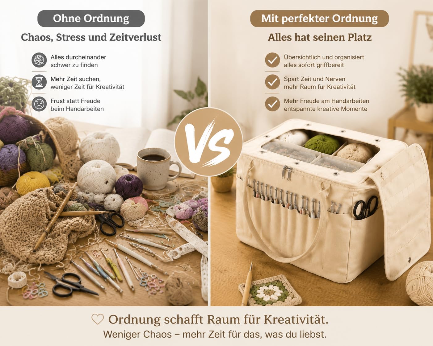 Stricktasche für Garn und Häkeln, Handarbeits-Organizer mit Fächern，Militärgrün