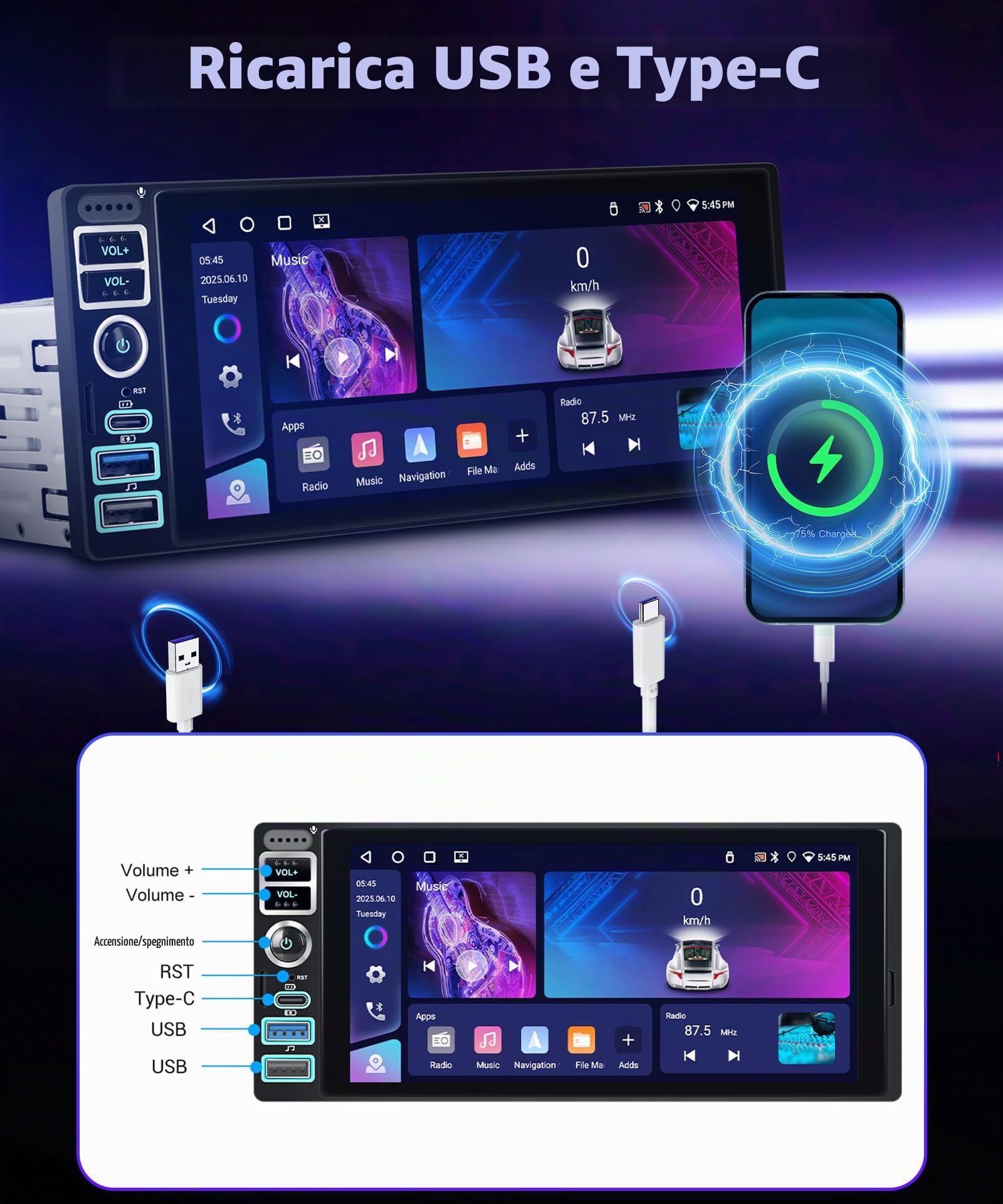VECHTEL 4G+64G Android 15 Autoradio 1 Din con Carplay Android Auto senza Fili, 6.9 Pollici HD IPS Schermo Tattile Stereo Auto con Bluetooth 5.0 Radio FM RDS GPS Wi-Fi Mirror Link USB/Type-C Telecamera