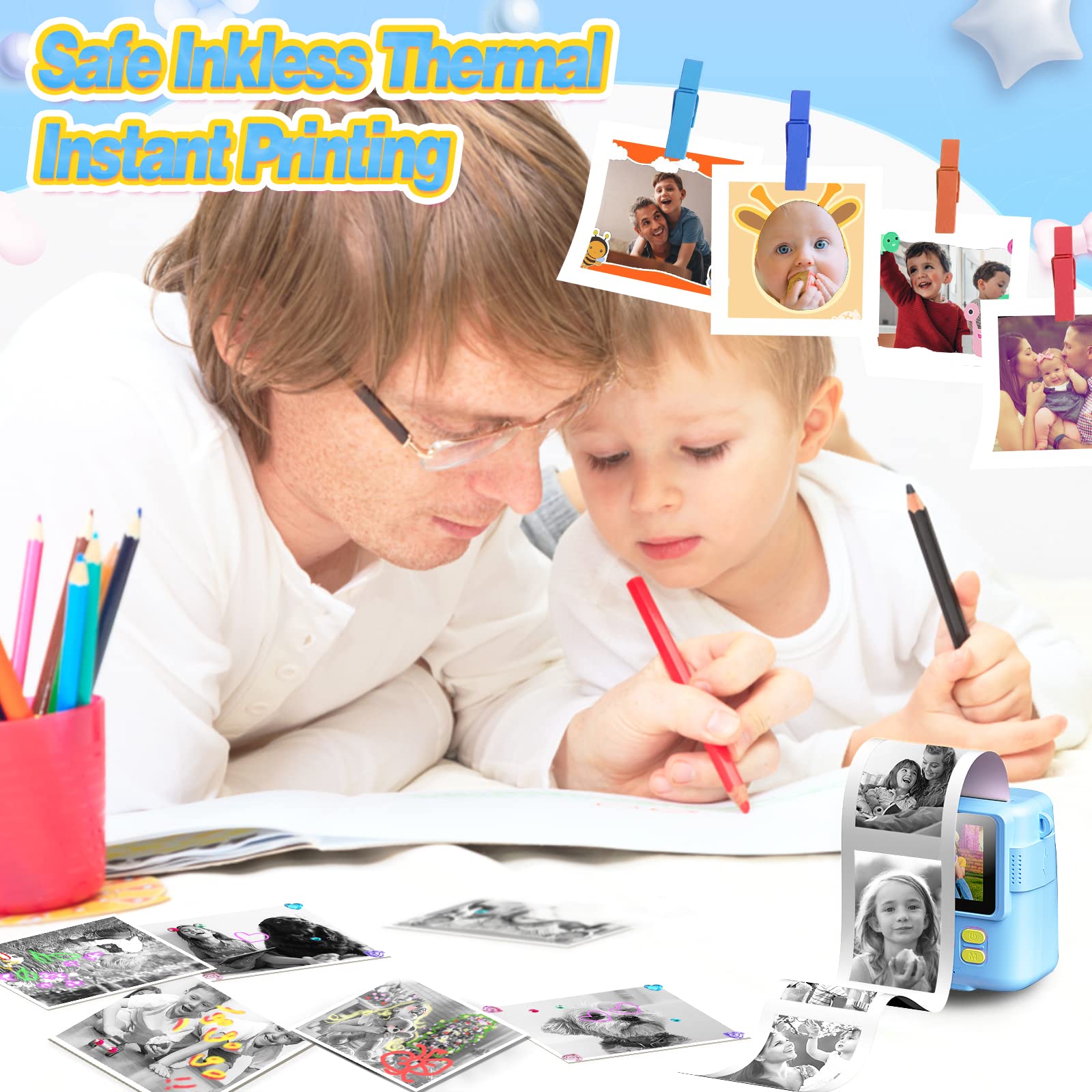 KinderKamera - Sofortbildkamera DigitalKamera Print 1080P - 16x Digitalzoom 2.4" Bildschirm - 32GB Karte - 3 Rollen Druckpapier - mit Aufbewahrungstasche Weihnachten Geschenk für Kinder 3-12 Jahren