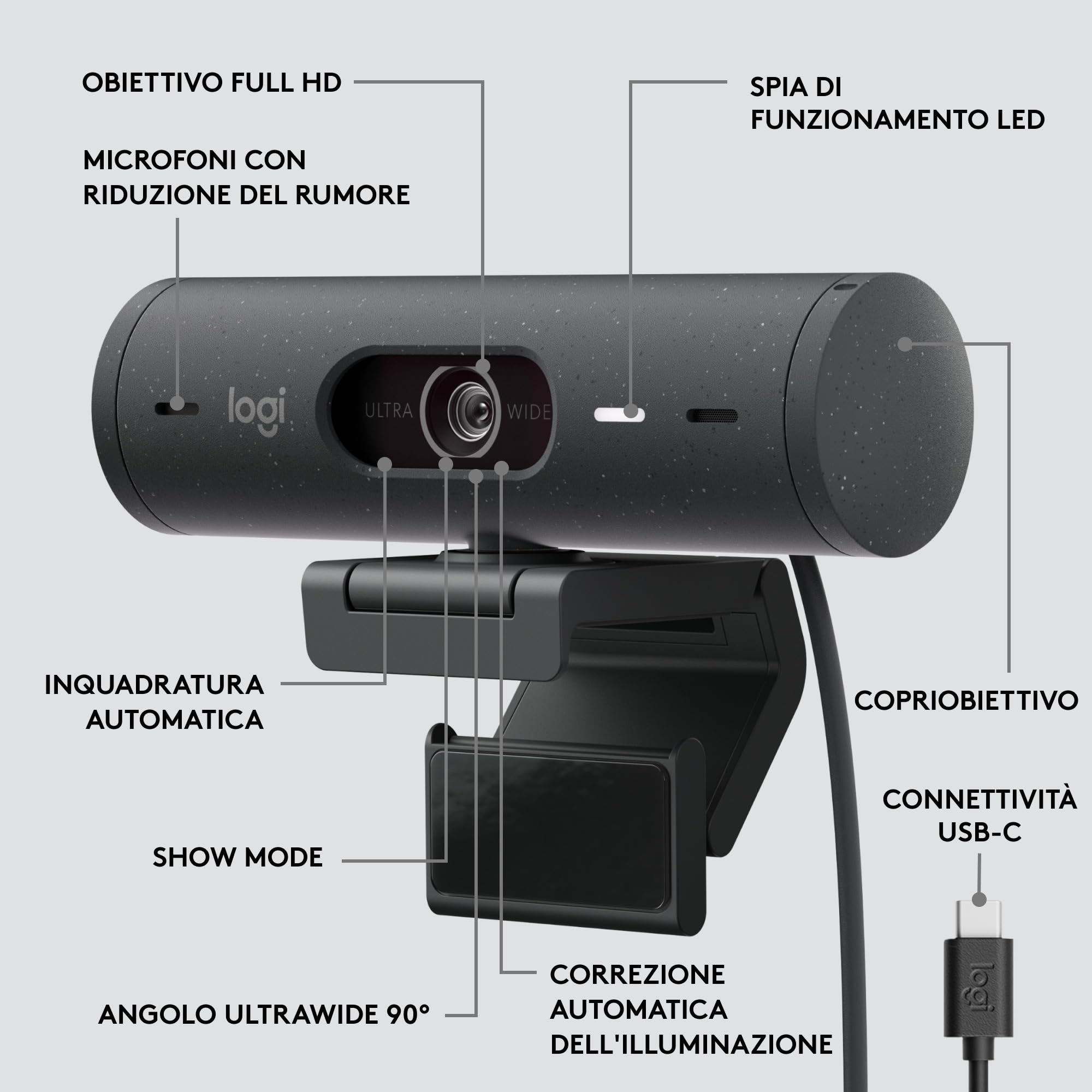 Logitech Brio 505 Webcam Full HD con correzione automatica dell’illuminazione, inquadratura, modalità Mostra, 2 microfoni con riduzione del rumore, Msft Teams, Google Meet, Zoom - Grigio
