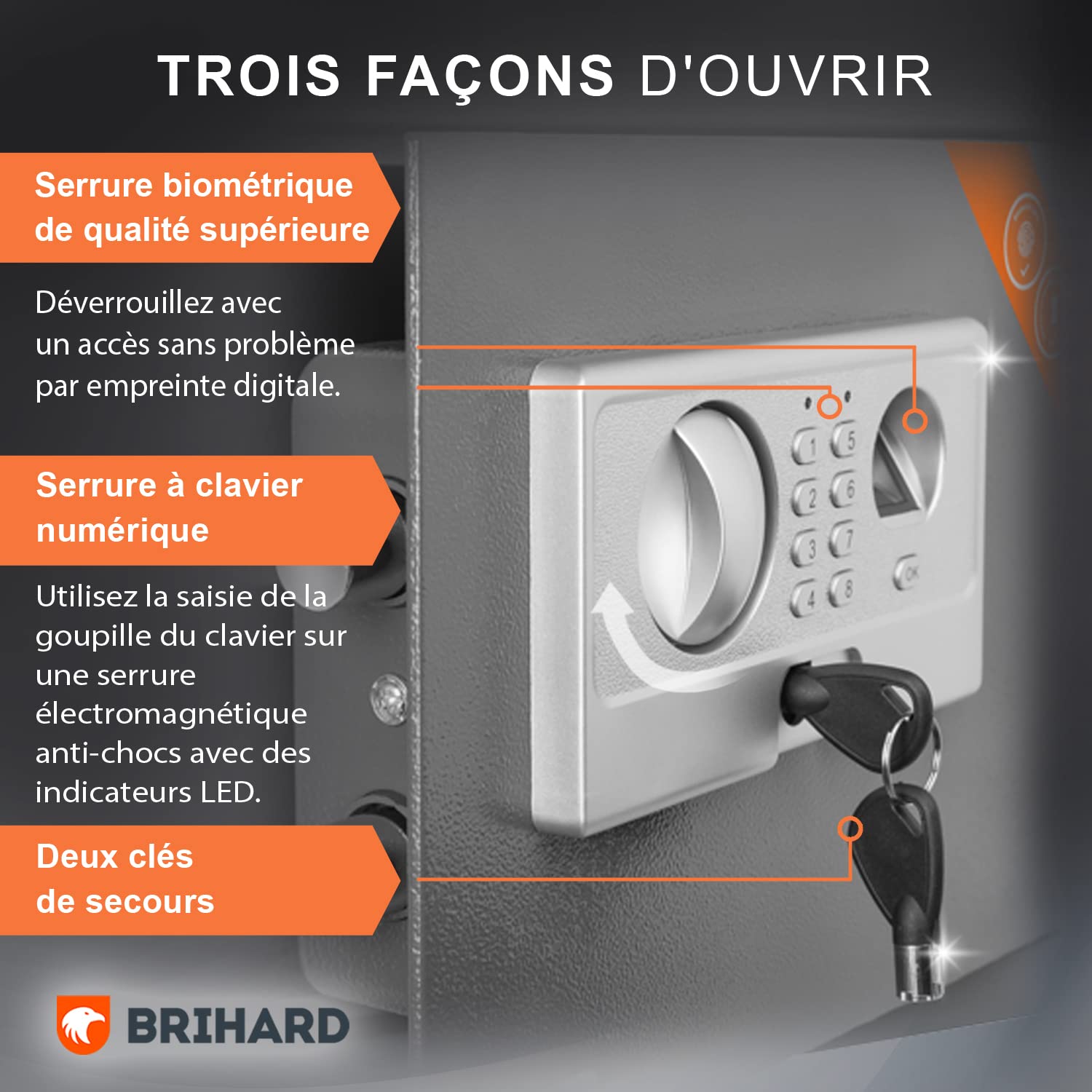 Coffre-fort biométrique - Clavier numérique 2 en 1 et coffre-fort anti-empreintes digitales - Grand coffre-fort 40 x 38 x 38 cm pour le bureau - Coffre-fort de sécurité anti-chocs