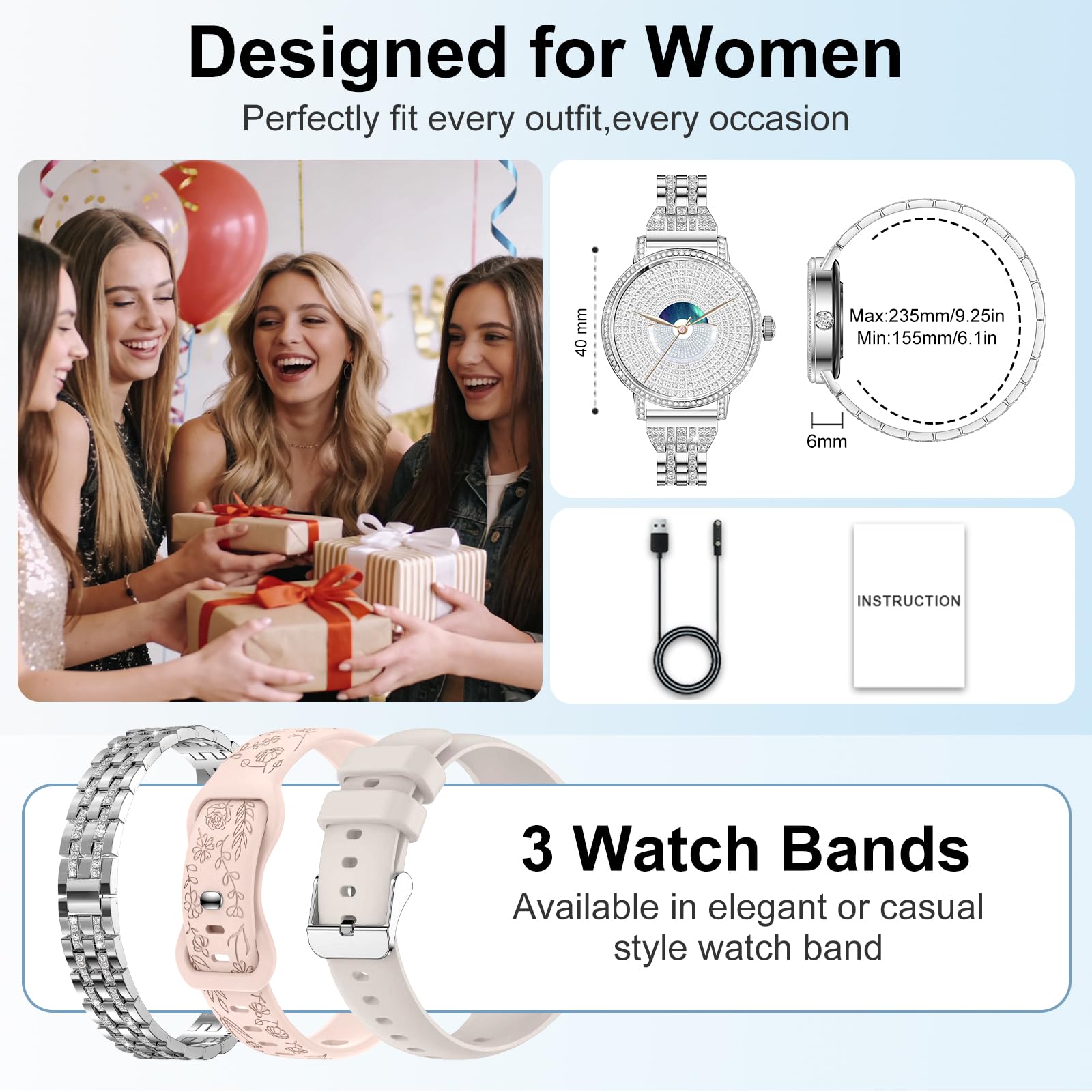 Smartwatch Donna con Diamant,1,27" HD Smart Watch con Chiamate Bluetooth,3 Cinturini/SpO2/Pressione/Sonno/Passi/Calorie, IP68, 120+ Sportivo orologio donna smartwatch per Android/iOS,Argento