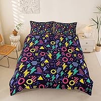Vista 20 de Juego de funda de edredón estilo Memphis, tamaño matrimonial, diseño abstracto colorido con puntos funky para niños y niñas, funda de edredón