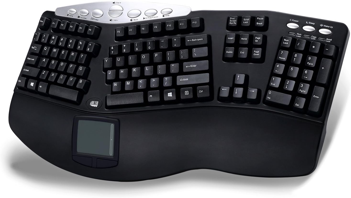 Adesso PCK-308UB - Tru-Form Pro Ergonomic Contour TouchPad USB Keyboard Black with Hotkeys