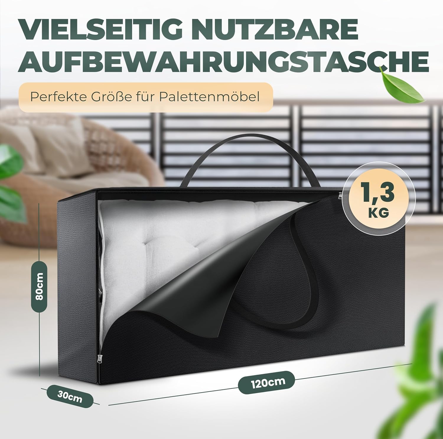 Palettenkissen Aufbewahrung 120 x 30 x 80 cm Aufbewahrungstasche XXL Oxford Polyester 600D Schwarz Wasserabweisend - Gartenpolster Tasche Groß Europaletten Schutzhülle
