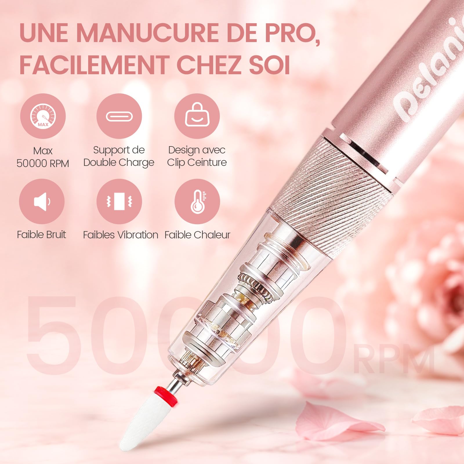 Delanie Ponceuse pour ongles Électrique Professionnel 50000 RPM avec Station de Recharge, Lime à Ongles Sans Fil pour Ongles en Acrylique Épais, 10 Heures d'autonomie, Fonction Pause, Incl. 12 Embouts