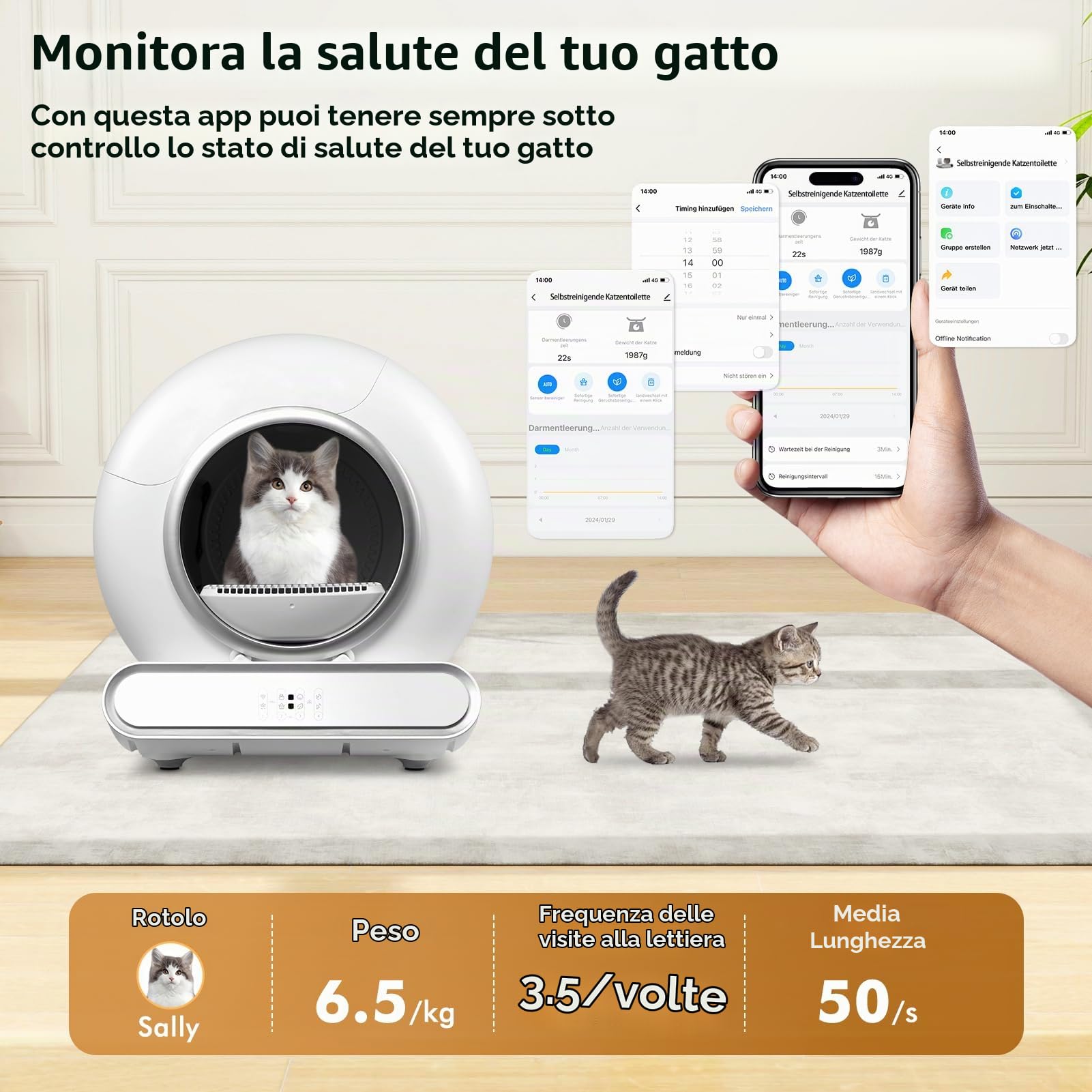 Lettiera gatto autopulente, Lettiera Automatica per Gatti, controllo app, deodorizzazione ionica, contenitore per rifiuti da 9 litri, autopulente, Antiodore, Controllo APP, per Più Gatti