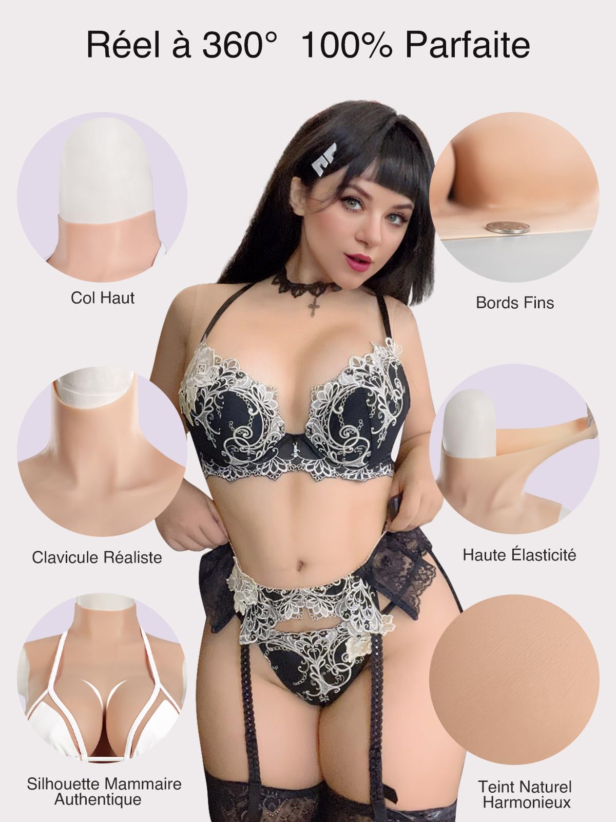 Faux Sein Silicone Travesti, Col Haut Discrète Fausse Poitrine en Silicone Bonnet B à G réaliste pour Cosplay Crossdresser Mastectomie