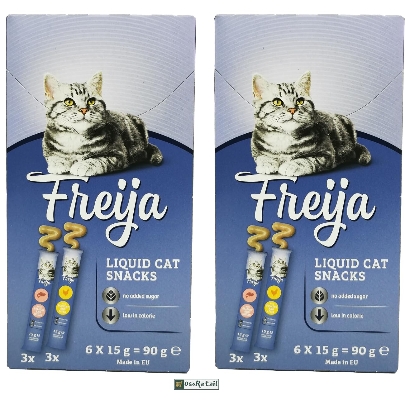 OsoRetail Pack de 2x6 bolsitas de Liquid Snacks para Gatos | Sabor Salmon y Pollo | Freija | 12x 15g