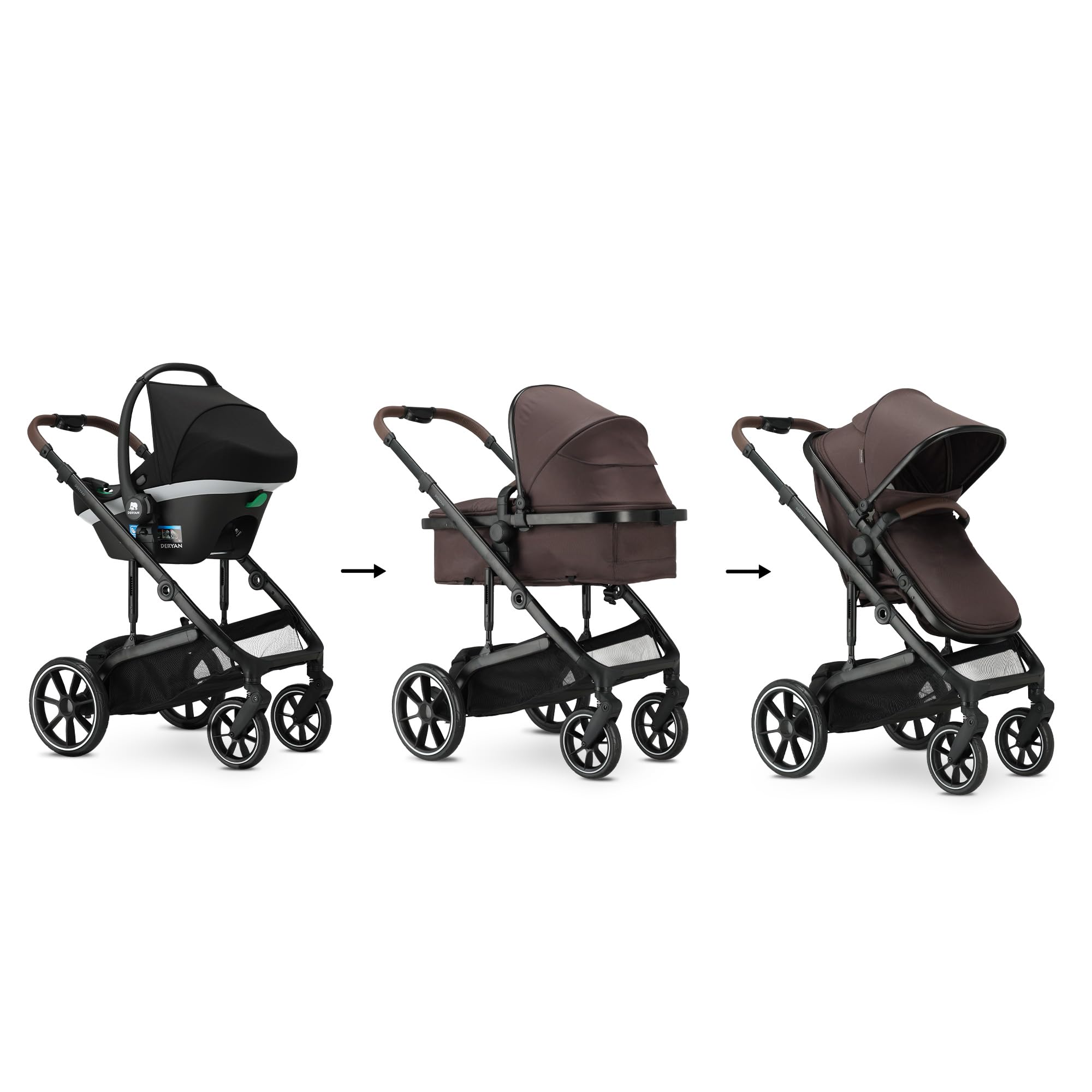 Deryan NOA - Cochecito 3 en 1 con asiento de coche I-Size, sistema de viaje, cochecito de bebé, cochecito plegable, para recién nacidos hasta 4 años (Chocolate)