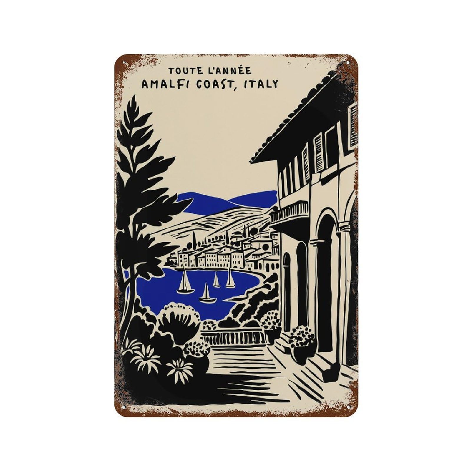Amalfi Coast, Italy Travel Poster Aged Metal Wall Plaque 11.8"x7.9", for Pub, Kitchen And Man Cave Decor, Decorative Metal Wall Art