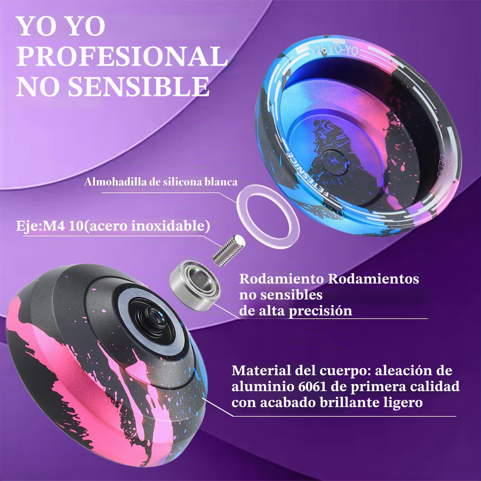 FETESNICE yoyo 002 - Yoyo profesional para niños y adultos, metal doble propósito, mariposas con bolsa, guante, 10 cuerdas
