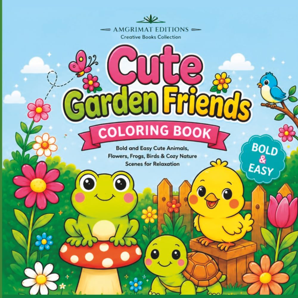 Cute Garden Friends Coloring Book: Bold and Easy Cute Animals, Flowers, Frogs, Birds and Relaxing Nature Scenes for Adults and Teens