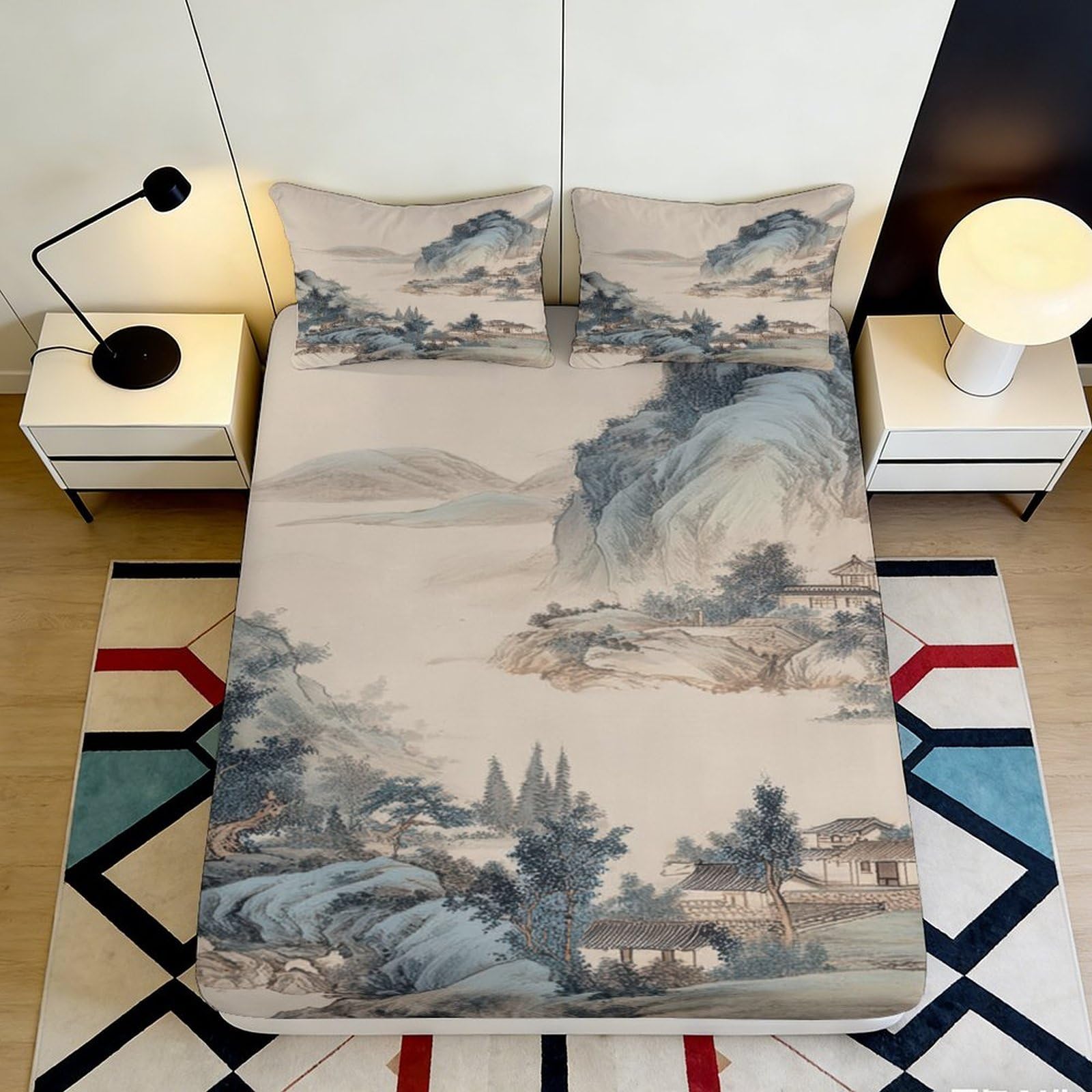 3D Printed Chinese Landscape Fitted Sheet Microfiber Soft Art Mountain River Bed Cover for Bedroom Guest Room Decor 90x200x25cm