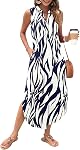 WNEEDU Women Summer Dress Maxi Casual Loose Beach Sundresses V Neck Sleeveless Dresses with Pockets