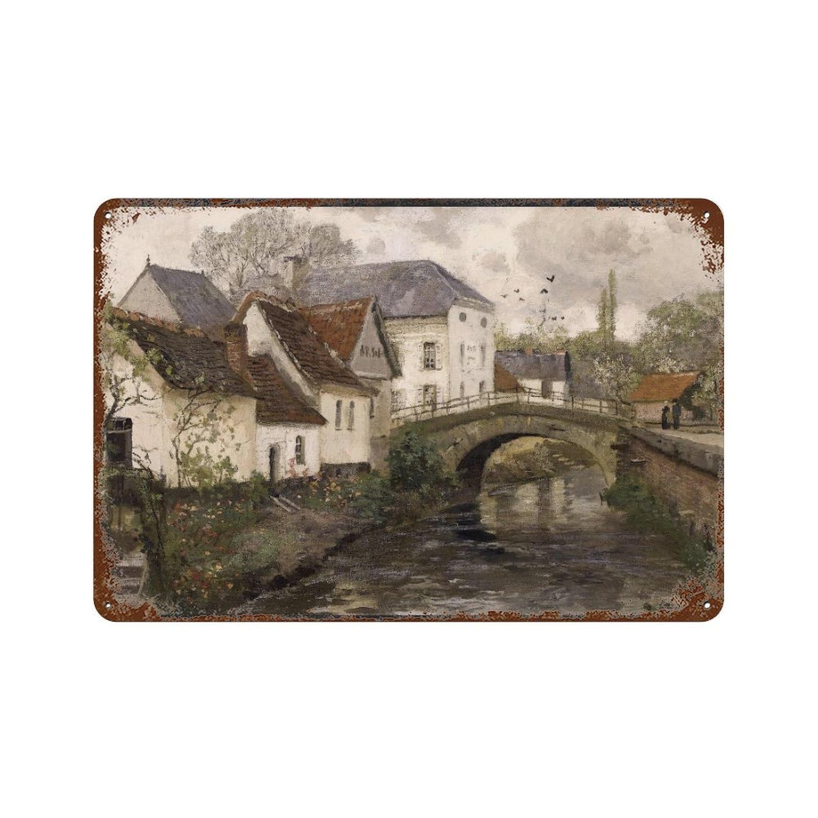 xiaoxiaoshen Village on The Bank of A Stream by Frits Thaulow Wall Decor Art Metal Tin Poster Modern Home Decor Art Home Bar Shop Decorations Vintage Sign 20x30cm