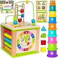 ToyVentive Wooden Activity Cube for 1 Year Old Girls - Bead Maze Gift Set with Stacking Cups & Book | Toddler 1st Birthday Toys 12-18 Months
