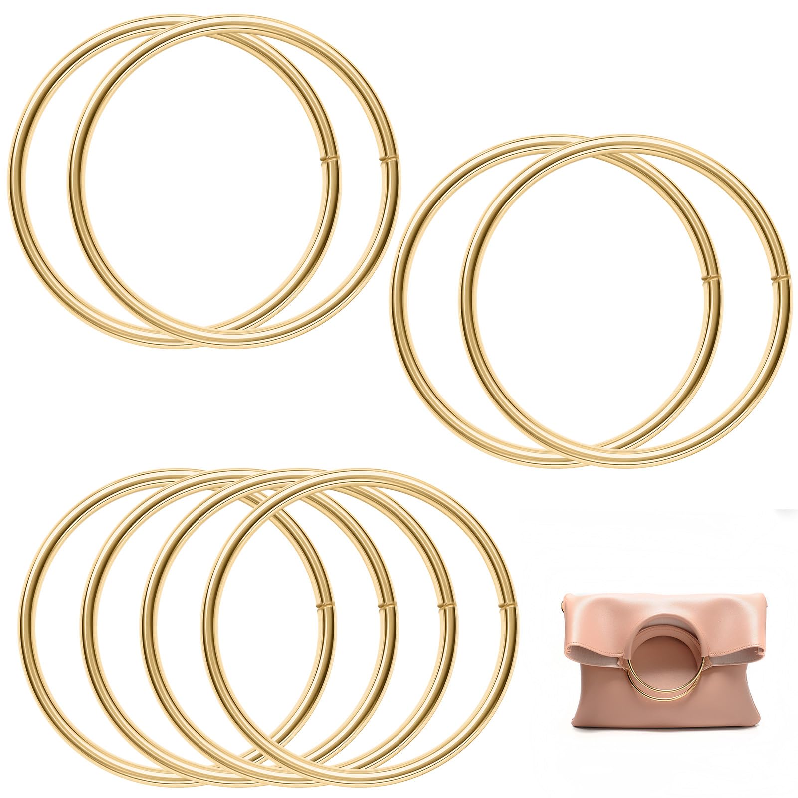KASURE 8 x Asas de Bolso, Diá 10cm(4) & Diá 11.5cm(4) Asas para Bolsos Redondas, Asas de Equipaje para Hacer Bolsas Marco Bolso Hecho a Mano Ganchillo Artesanales Bricolaje (Luz de oro)