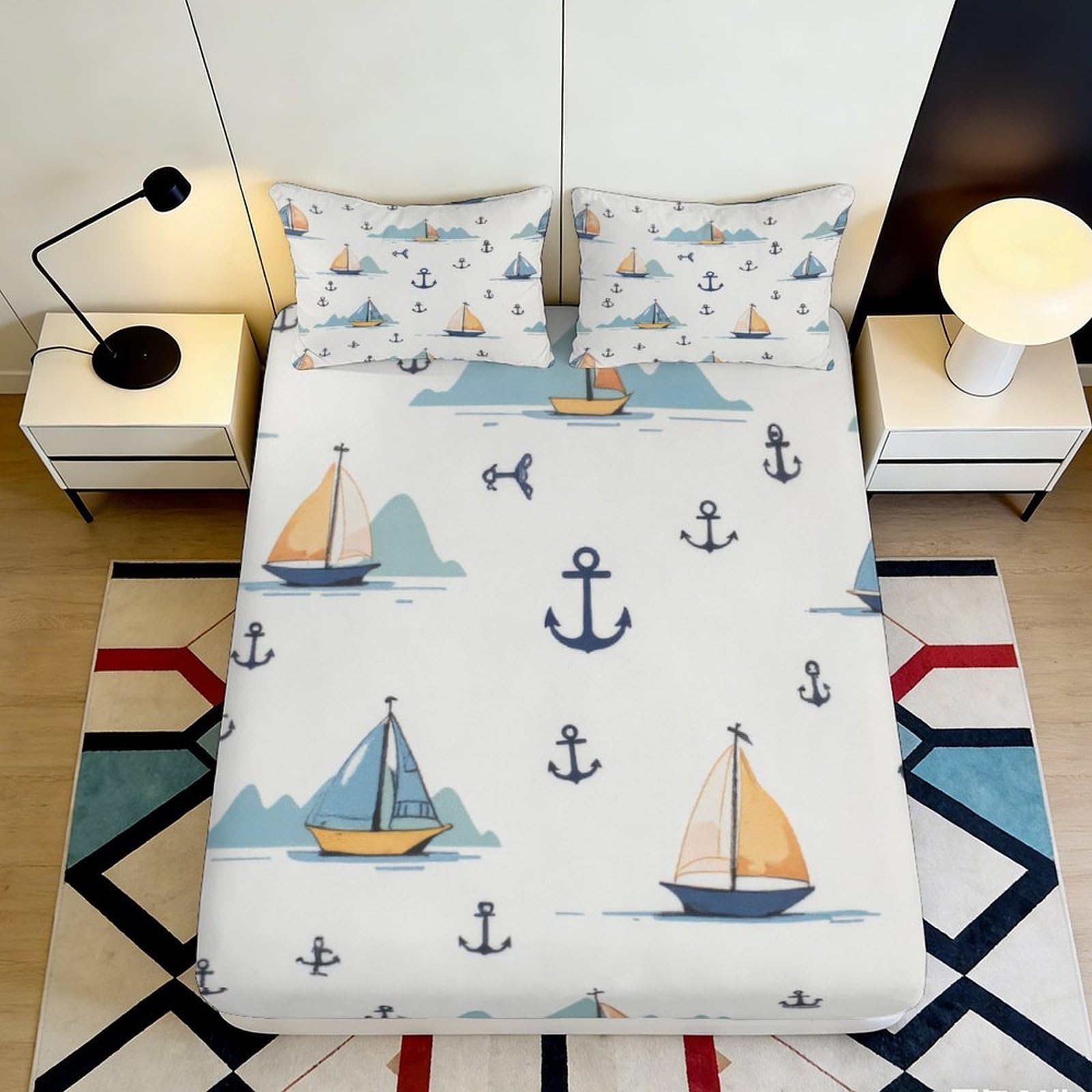 3D Printed Nautical Anchor Fitted Sheet Microfiber Soft Breathable Sailboat Bed Cover for Bedroom Dormitory Guest Room Mattress Protection Decor 180x200x25cm