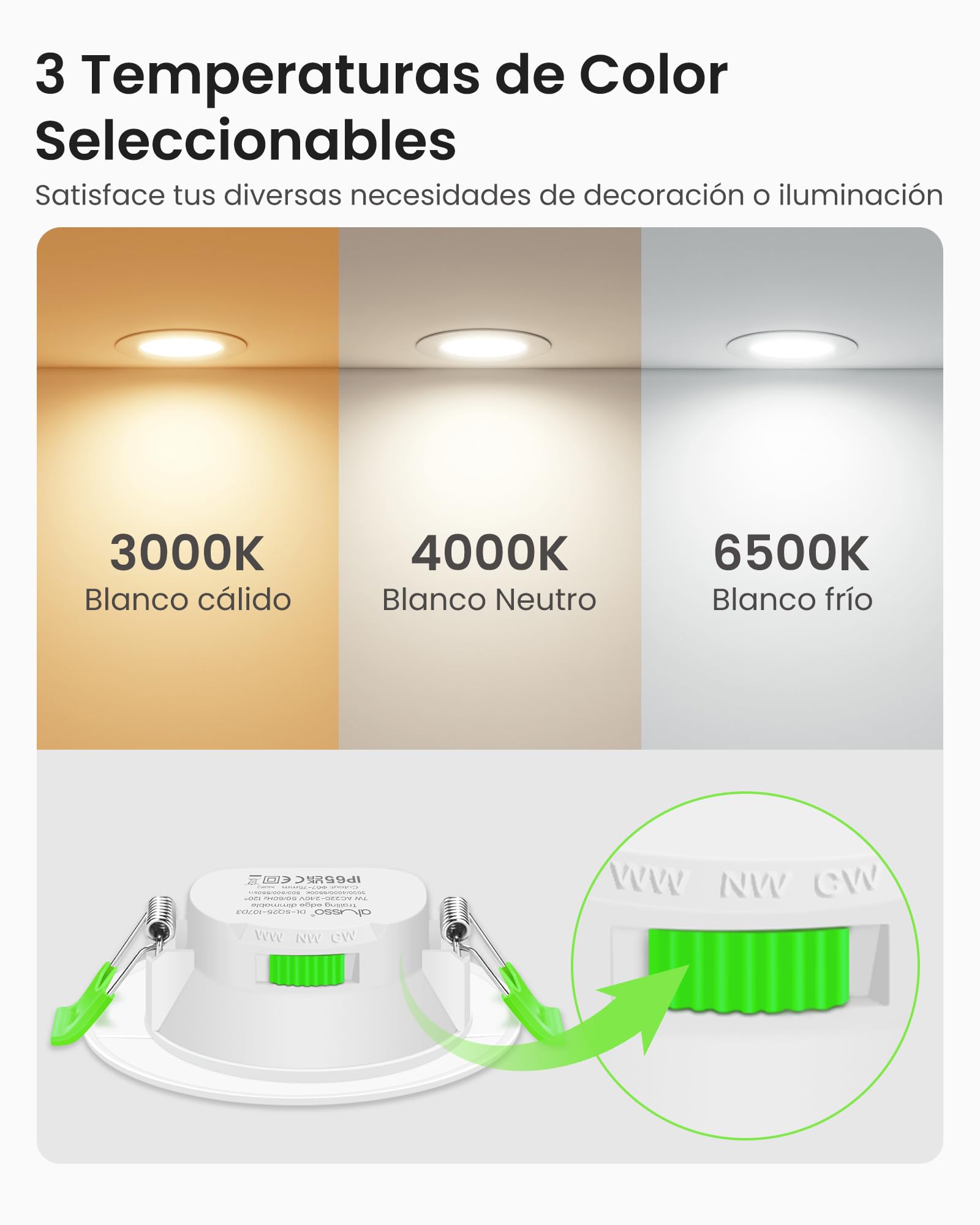ALUSSO IP65 Downlight LED Techo Empotrable Regulable 7W 600LM 3CCT, Pack 6 | 3000K/4000K/6500K Focos LED Interior Techo Empotrado Corte Ø67-75mm, Ojos de Buey LED para Techo Baño Salón, Redonda Blanco