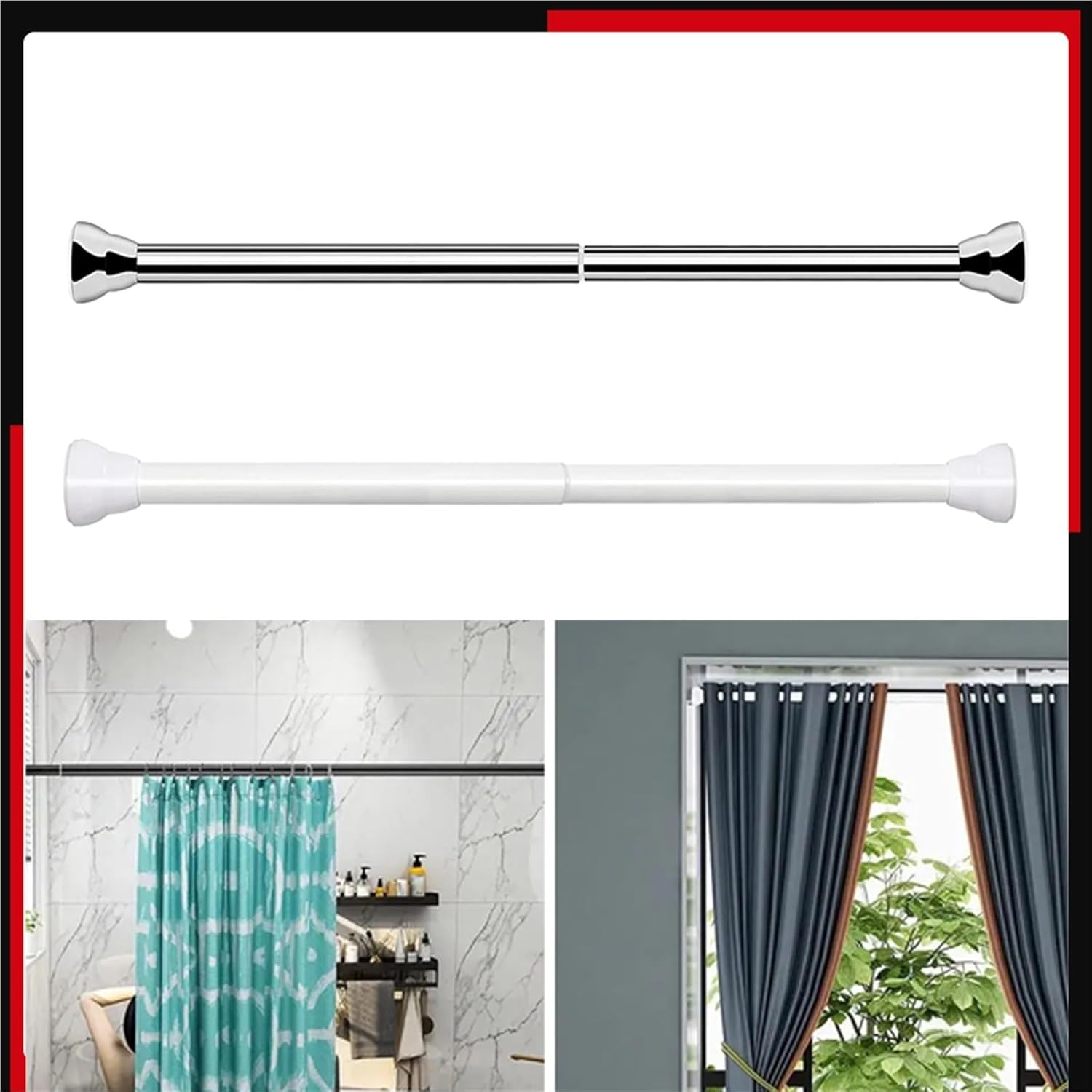 Spring Tension Rods Non-Slip Spring Tension Curtain Rod 50 To 80 CM Expandable No Drilling Bath Closet Hanging Pole ﻿(Silver 50-80cm)