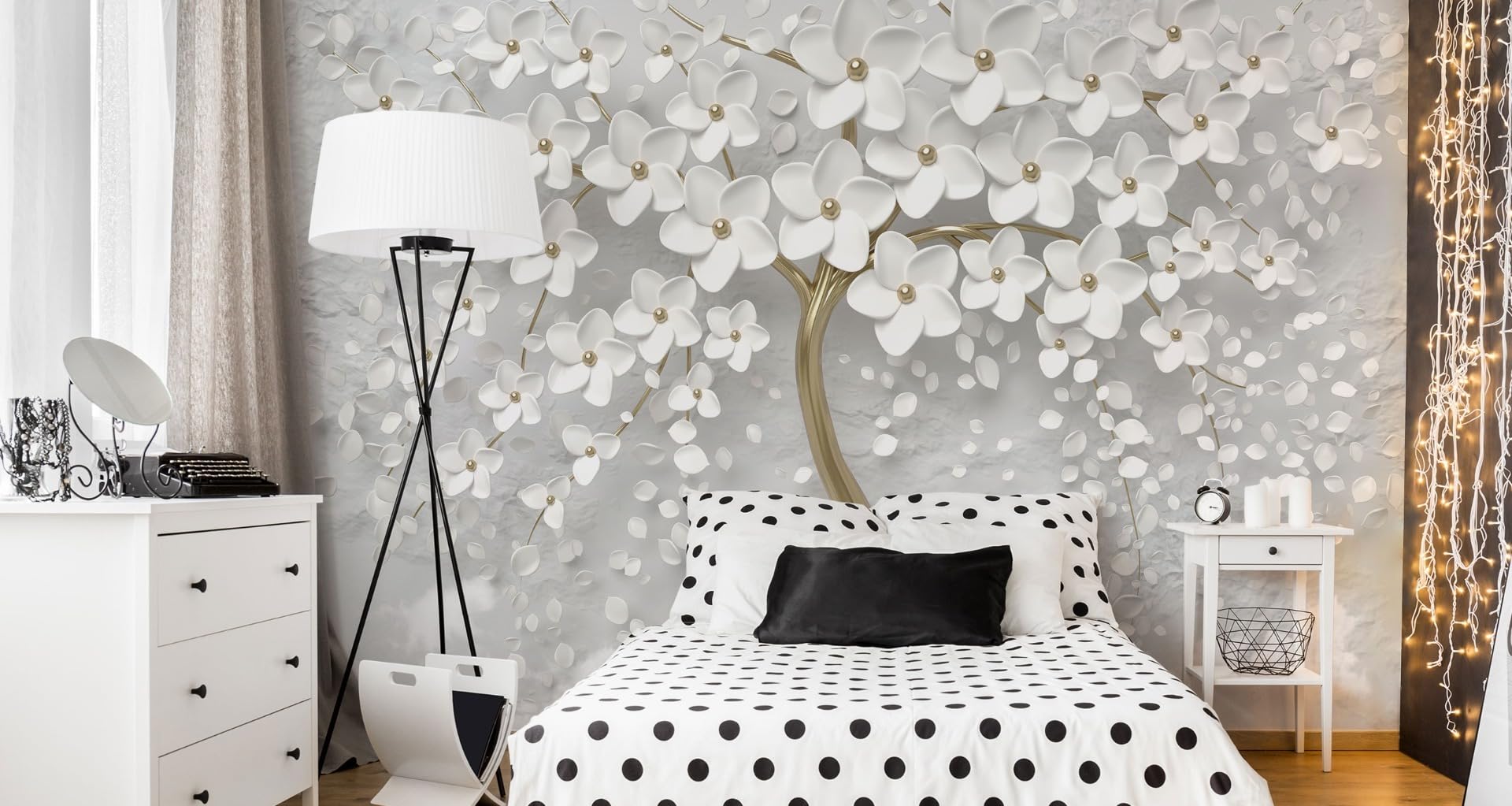Muralo Tapete Vlies 3D, abstrakter Baum, weiße Blumen - 360x240 cm | Beeindruckendes 3D-Design, hochauflösender Druck - ideal für Wohnzimmer und Schlafzimmer, Ein außergewöhnliches Raumerlebnis