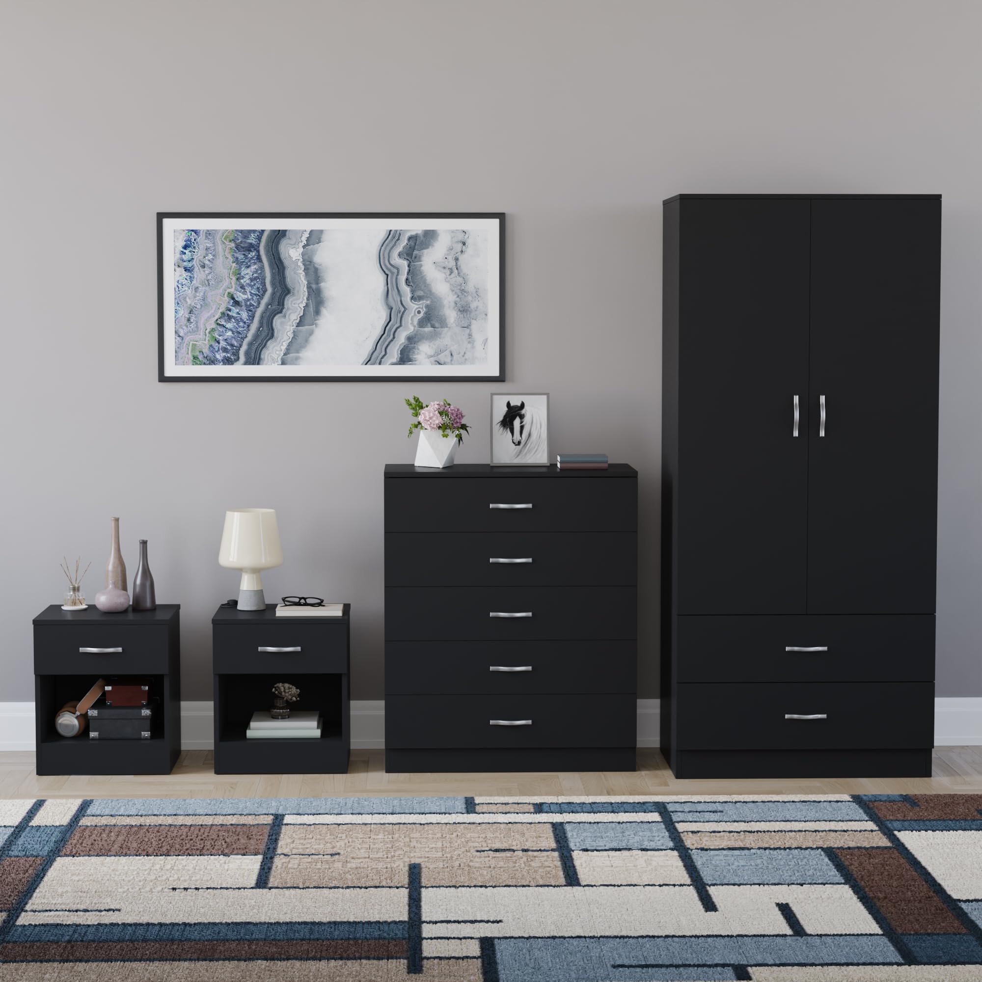 Vida Designs Riano - Juego de dormitorio de 4 piezas (1 cajón, cómoda de 5 cajones, armario de 2 puertas y 2 cajones), color negro (5)