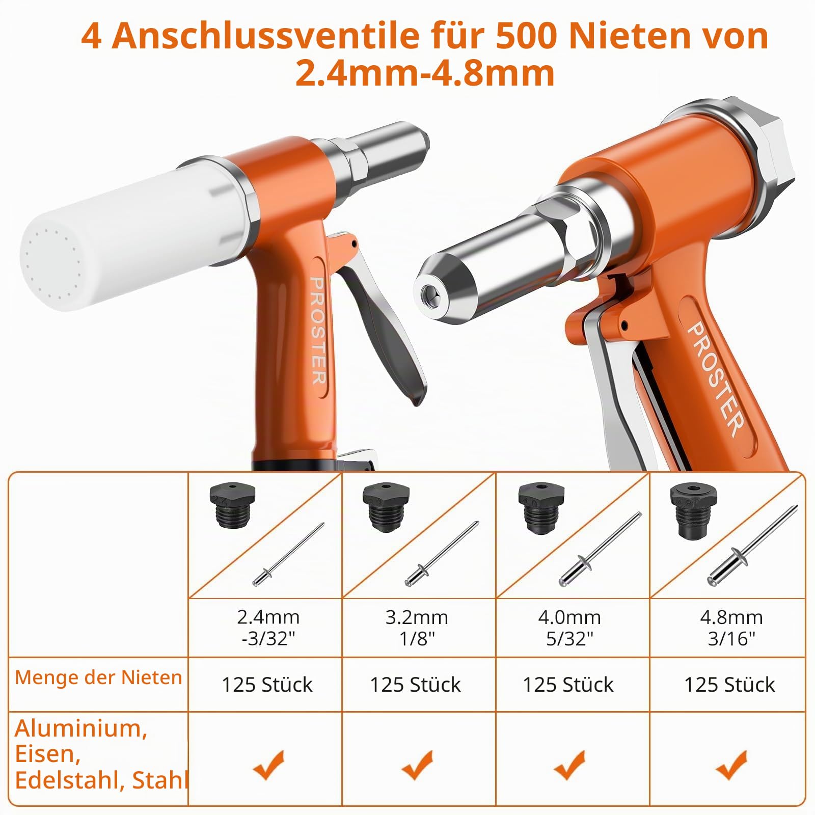 Proster Druckluft Nietzange Nietpistole Blindnietpistole mit 500PCS Nieten, mit 4 Mundstücke 2.4mm, 3.2mm, 4mm, 4.8mm, DIY Werkzeugsatz für Heimwerker & Industrie