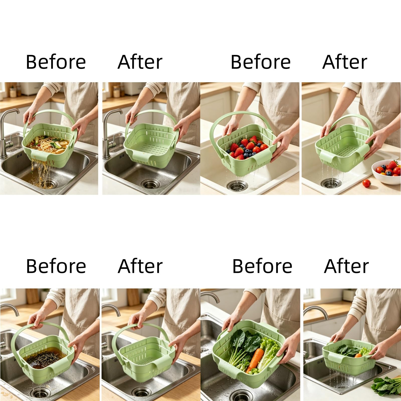 Cesta de drenaje plegable para fregadero, colador de cocina elástico con tapa abatible, colador multifuncional para frutas y verduras, filtro de residuos extraíble mejorado que ahorra espacio (blanco