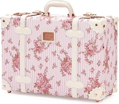 COTRUNKAGE Large 20" Carry On Suitcase Cute Pu Overnight Vintage Trunk Luggage Bag for Women with Combination Locks, Pink Floral