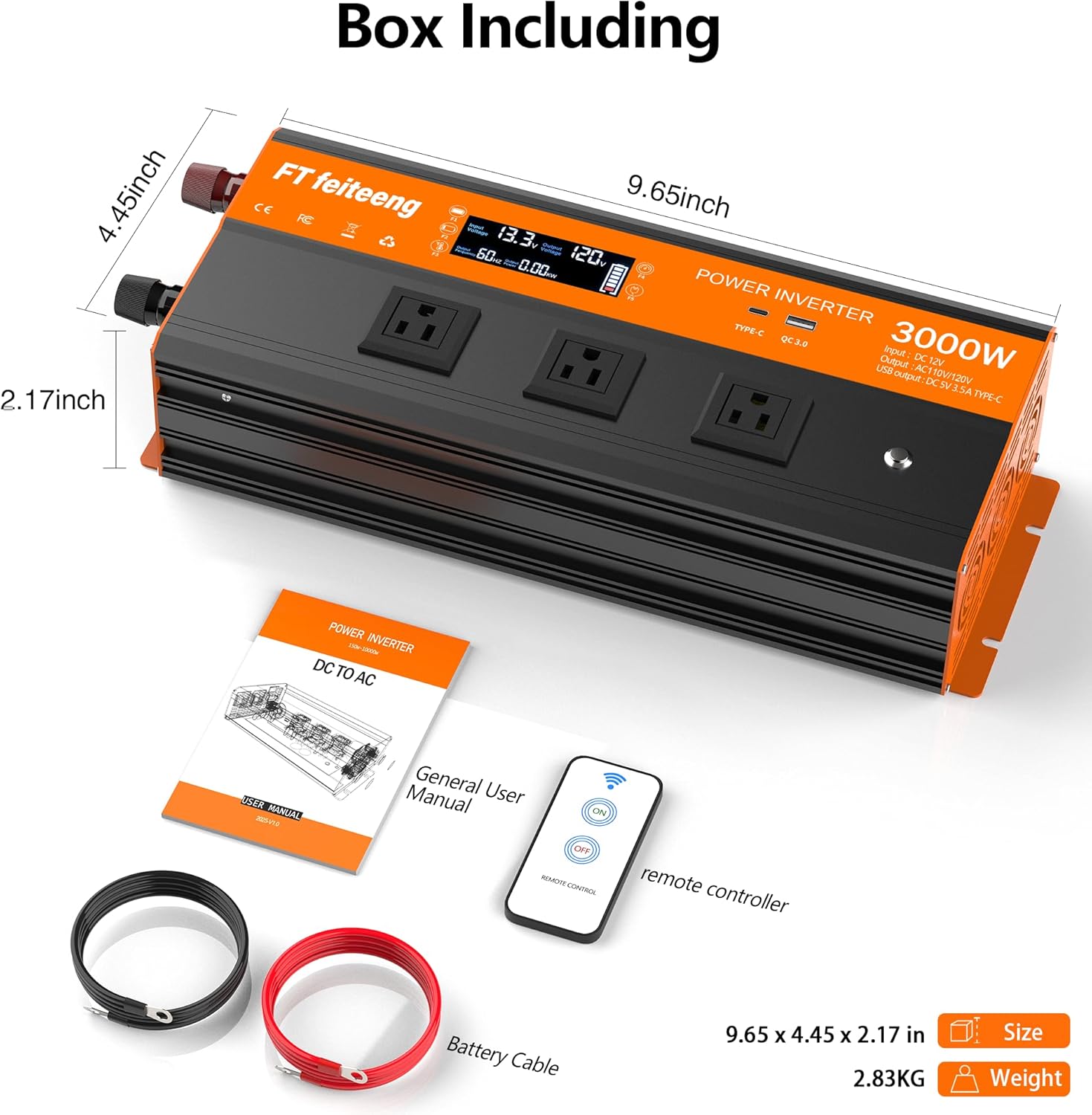 3000W Power Inverter, 12v DC to 120v Ac Inverter, Power Inverters for Vehicles with LCD Display, 3AC Sockets and USB-C & QC 3.0 Port with Remote Control for Camping Home Truck Rv Solar System