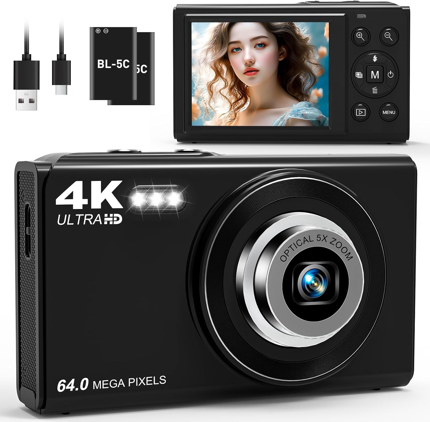 LEQTRONIQ 4K Digital Camera for Photography with 5X Optical Zoom, WiFi Vlogging Camera for YouTube with Autofocus, 64MP Compact Travel Camera with 32GB Card & 2 Batteries