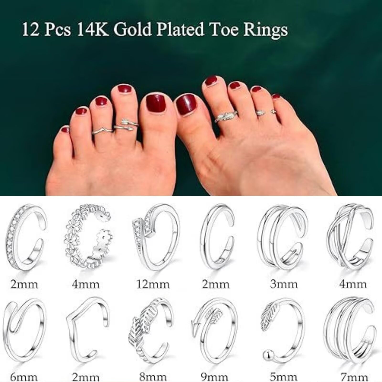 12 Pezzi Anelli per Punta Aperta in Argento 14K per Donne Non ossidanti Regolabili Aperti, Set di Anelli per Punta Aperta in Argento Regolabili Anelli per Punta Aperta per Spiaggia Estiva Set di