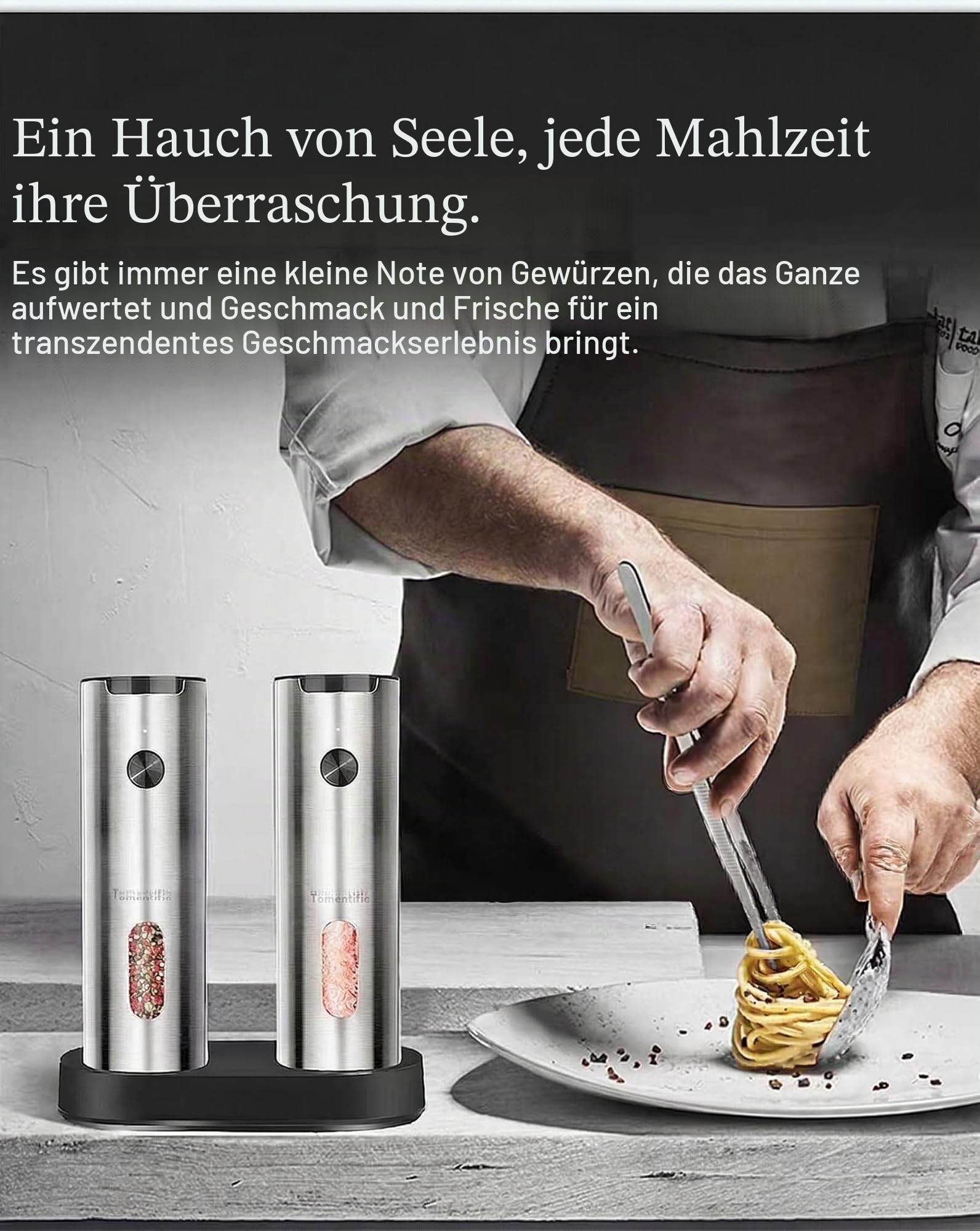 Salz und Pfeffermühle Elektrisch, Elektrische Gewürzmühle Set USB Wiederaufladbar Rostfreier Stahl mit Ladestation/6-Stufige Mahlgradeinstellung/Led-Licht, Küchenhelfer für die Küche