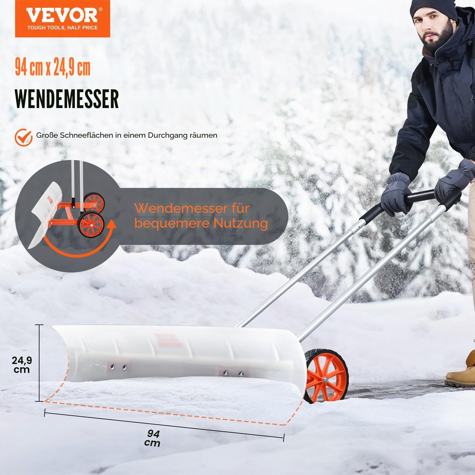 VEVOR Schneeschieber mit Rädern 94cm Schneeschaufel ABS-Kunststoff Aluminiumlegierung Schneeschippe Seitenwinkel von 15° Schneeräumer Schneeräumgeräte Rückenschonender Schneeschieber