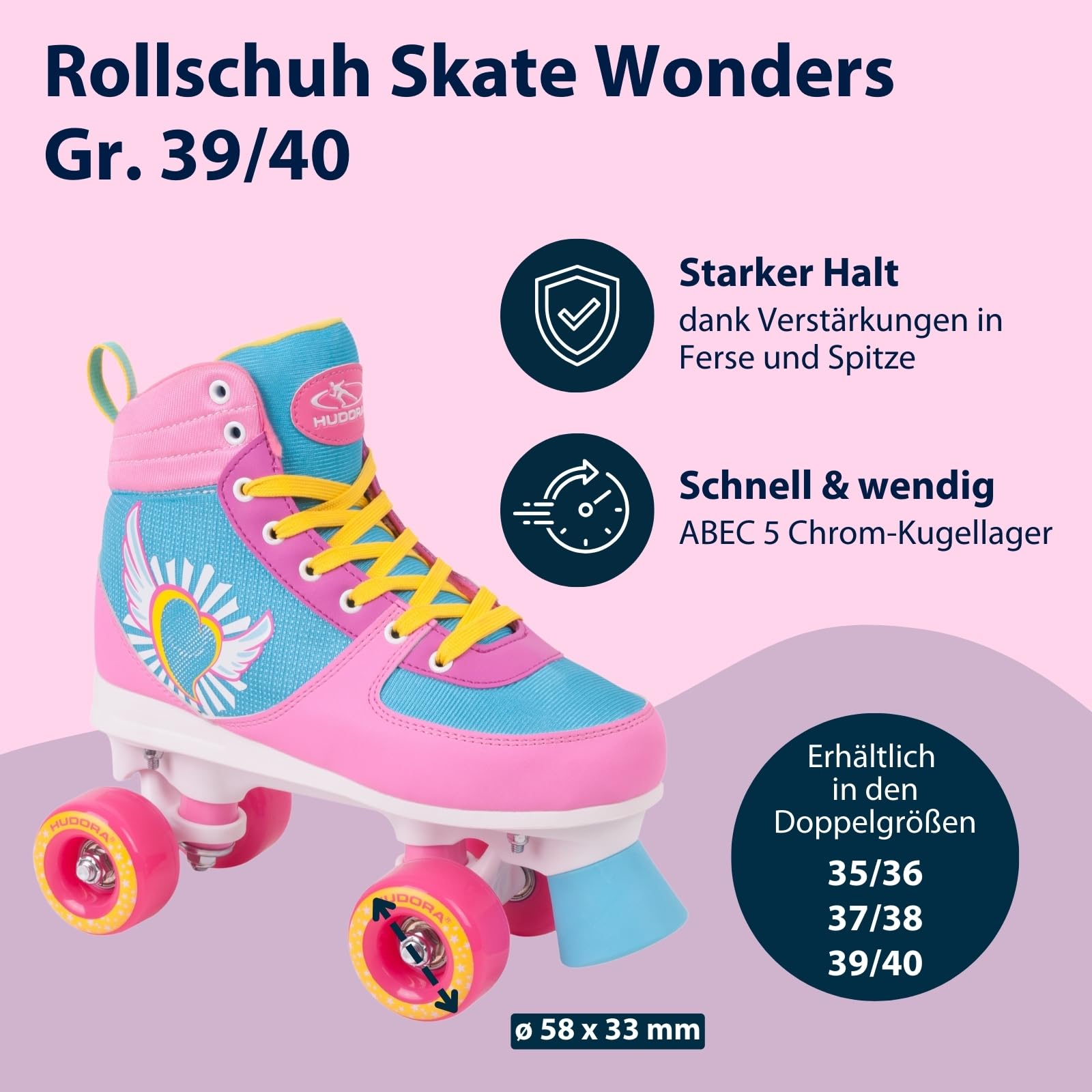 HUDORA Roller Skates Wonders in versch. Größen - Bequeme Kinder Rollschuhe in coolem Design - stilvolle Rollschuhe für Kinder & Jugendliche - Roller Schuhe aus hochwertigem Kunstleder