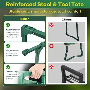 Saker Garden Kneeler and Seat Foldable Gardening Stool with Extendable Legs & Thickened Pad, Tool/Storage Bag, Heavy Duty 400lbs Support for Elderly, Gardening, Outdoor Use