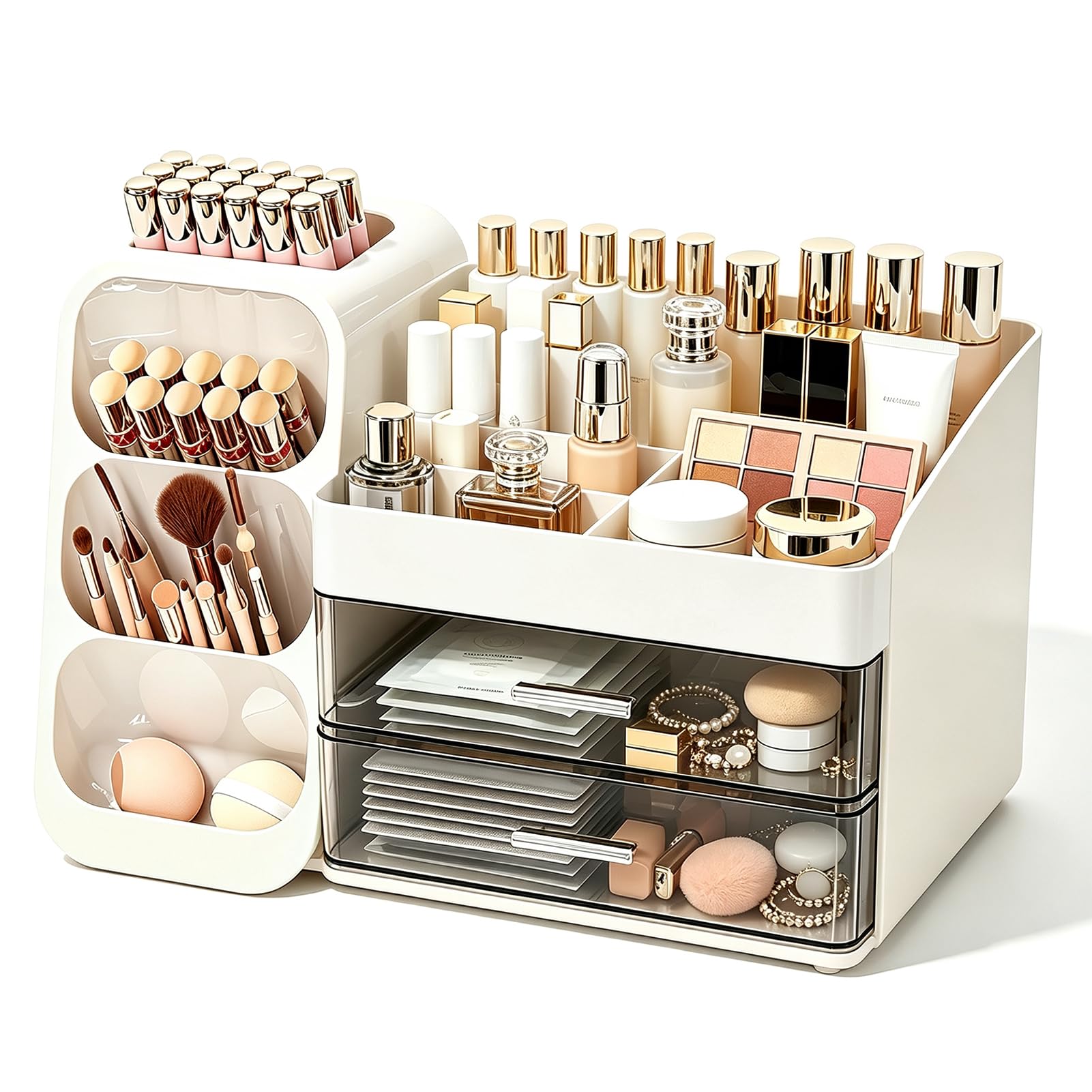 KXF Organiseur de maquillage de grande capacité pour comptoir avec support de pinceaux de maquillage et tiroir pour coiffeuse, matériau épais, organisateur de comptoir de salle de bain, organisateur